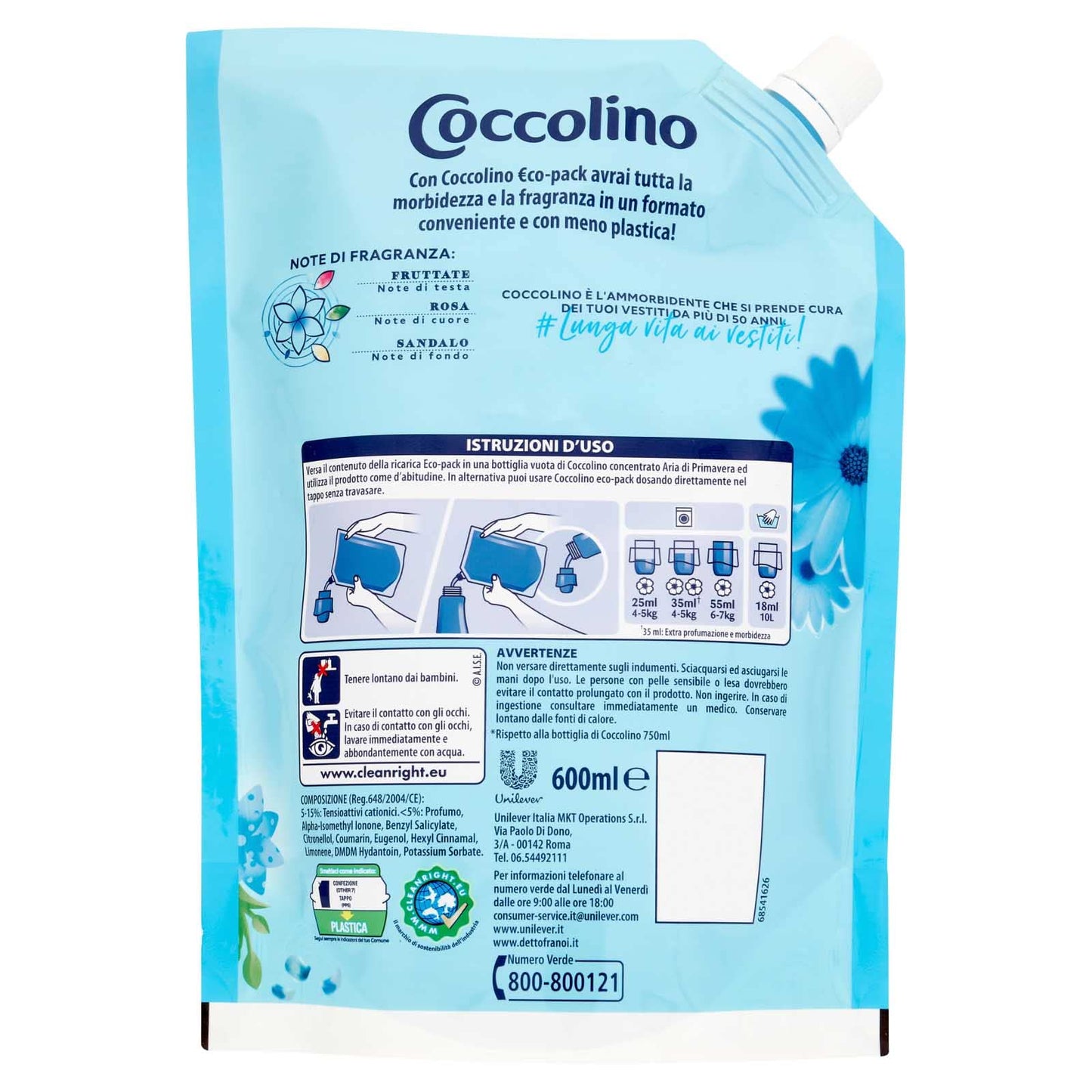 6x Coccolino Aria di Primavera Ammorbidente Concentrato Morbidezza e Freschezza a Lungo 144 Lavaggi Totali - 6 Flaconi da 600 ml Ognuno