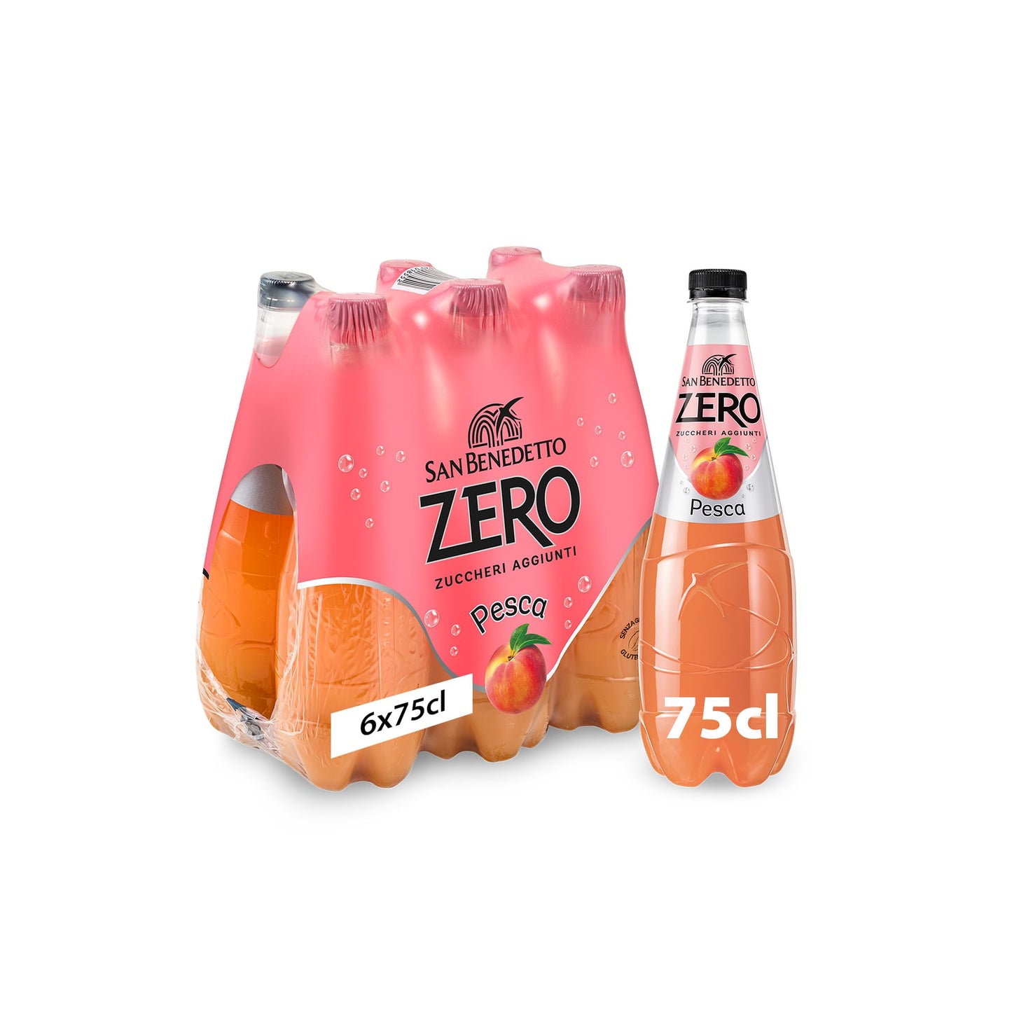 San Benedetto, Bibita Analcolica Gassata alla Pesca Zero, 6x750 ml, Senza Zuccheri Aggiunti e Senza Calorie, Rinfrescante e Leggera