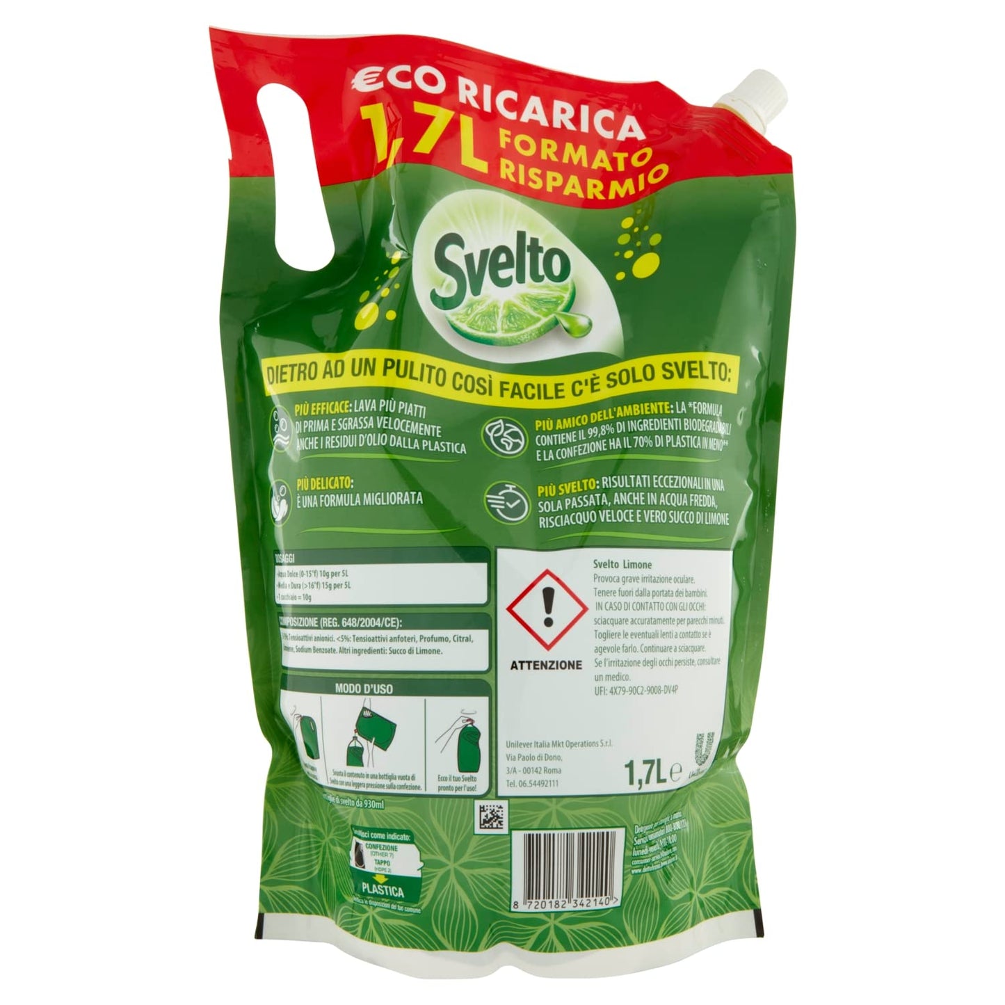 Svelto Eco Ricarica Detersivo Piatti a Mano Limone, 1.7L