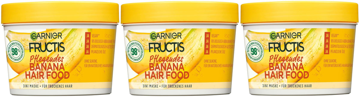 Garnier Fructis Hairfood Banana 3 in 1 Maschera nutriente idratante per capelli secchi, nutre e dona ai capelli una maggiore morbidezza, (3 x 390 ml)
