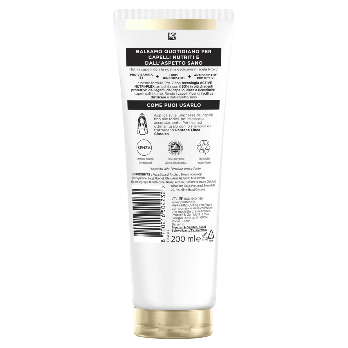 Pantene Pro-V Balsamo Linea Classica 200 ml per Capelli Normali e Misti, Uso Quotidiano, Con Pro-Vitamina B5 e Miscela di Nutrienti, Senza Olio Minerale e Coloranti, Active Nutri-Plex