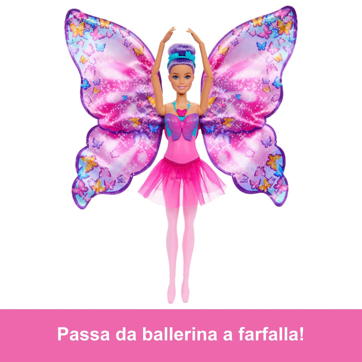 Barbie - Ali Scintillanti, bambola dai capelli viola, trasformazione 2 in 1 da ballerina a farfalla con ali apribili, cerchietto e tutù rimovibile inclusi, giocattolo per bambini, 3+ anni, HXJ10