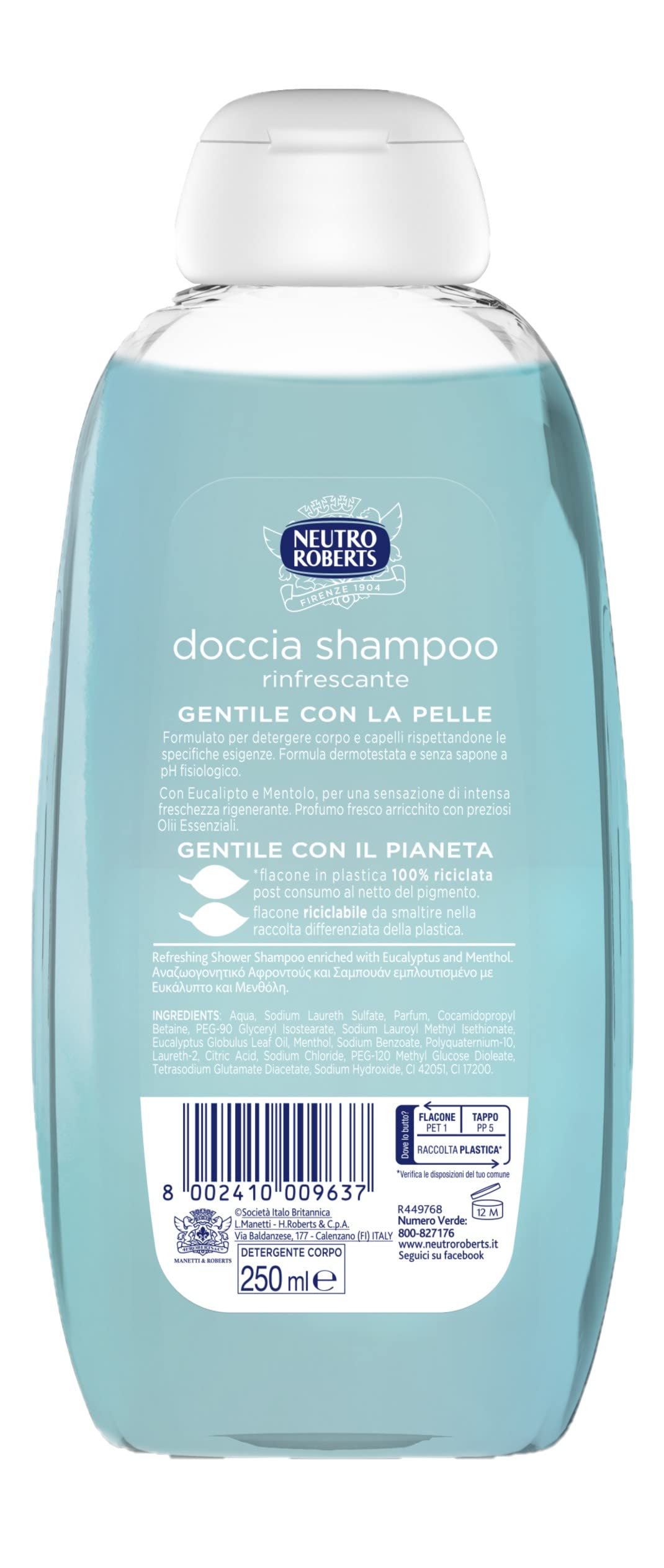 Neutro Roberts, Doccia Shampoo Rinfrescante con Eucalipto e Menta - Ideale per Detergere Corpo e Capelli - Senza Parabeni e Sapone, Rispetta il pH della Pelle - 6 Flaconi da 250 ml