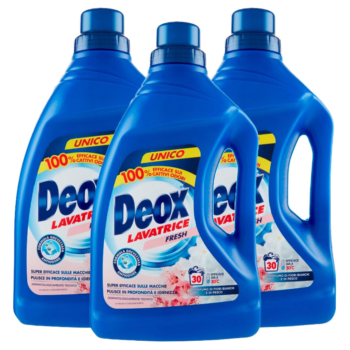 Deox - Detersivo Lavatrice Liquido Fresh, Smacchia e Igienizza, con Formula Antiodore, 30 Lavaggi x 3 Confezioni