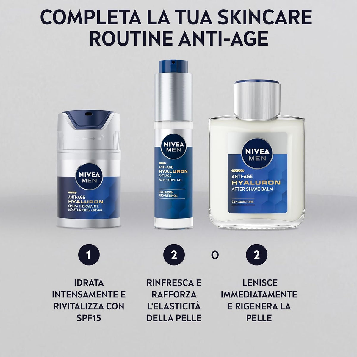 NIVEA MEN Anti-Age Hyaluron Hydro Gel Viso Uomo 50ml, Crema Viso uomo in gel per pelli mature, Crema viso acido ialuronico in gel idratante, rivitalizzante e rinfrescante
