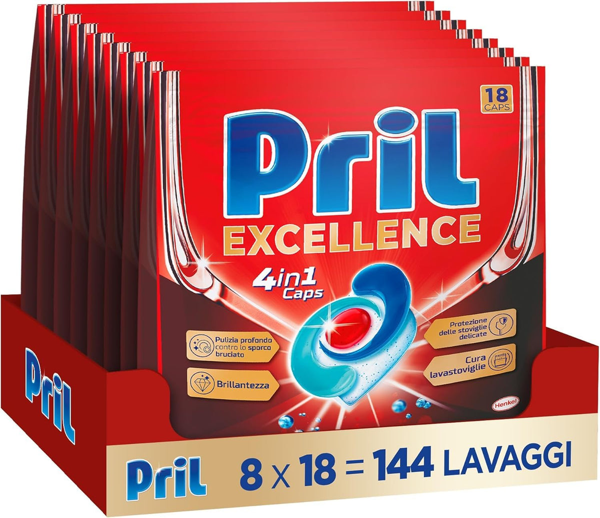 Pril Excellence 4in1 Caps, Detersivo Lavastoviglie in Caps a dissoluzione rapida, formato da 18 capsule