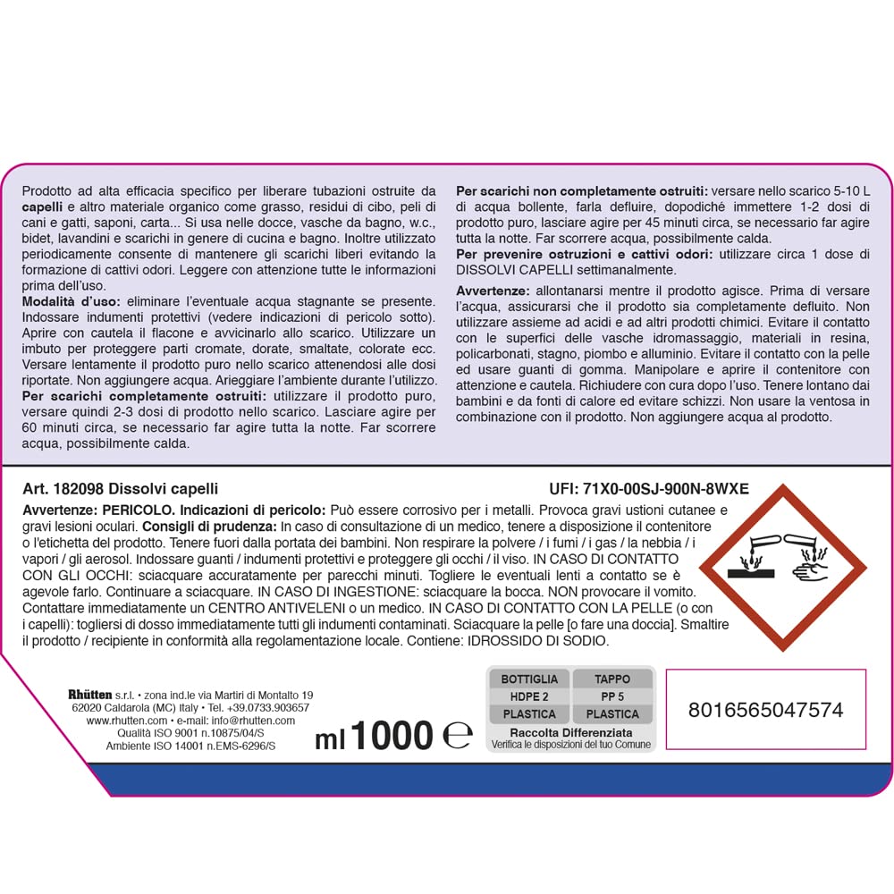 Dissolvi Capelli Casa Linda, Disgorgante Liquido, Scarichi Intasati Sporco Organico, 1L