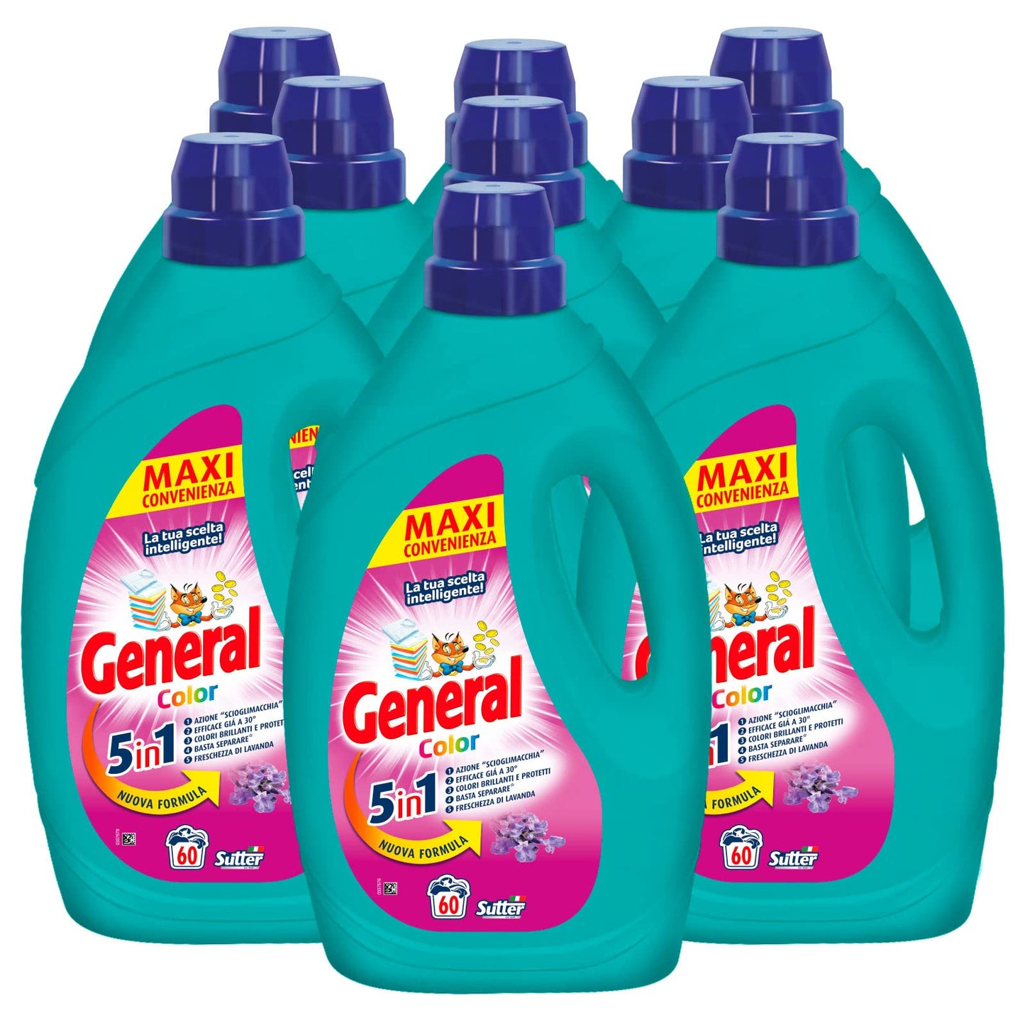 9x detersivo liquido General Color 5in1 per Lavatrice 60 Lavaggi - 9 Flaconi da 2,7L ognuno