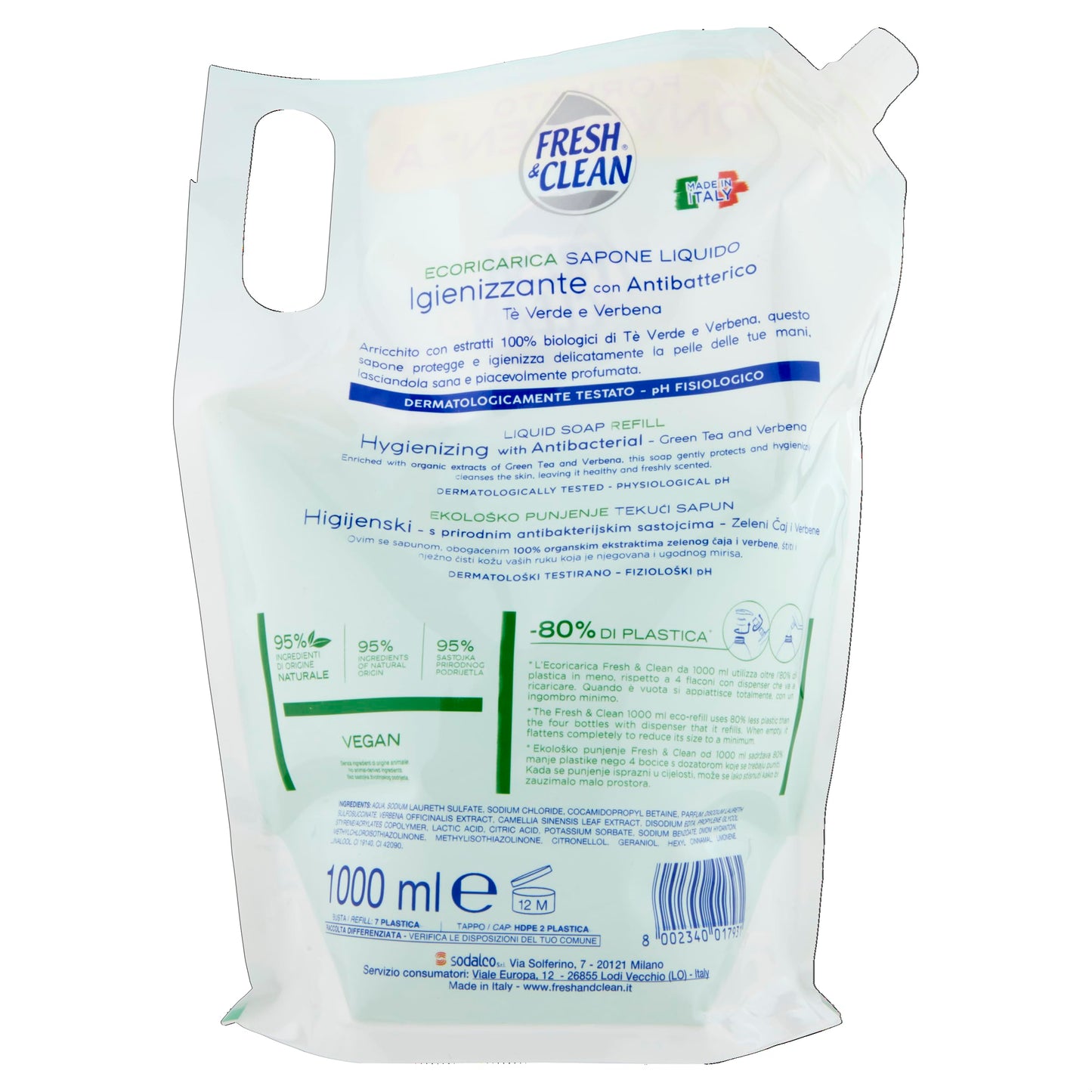 Fresh&Clean Sapone Liquido Antibatterico Ecoricarica 100ml, 1000ml