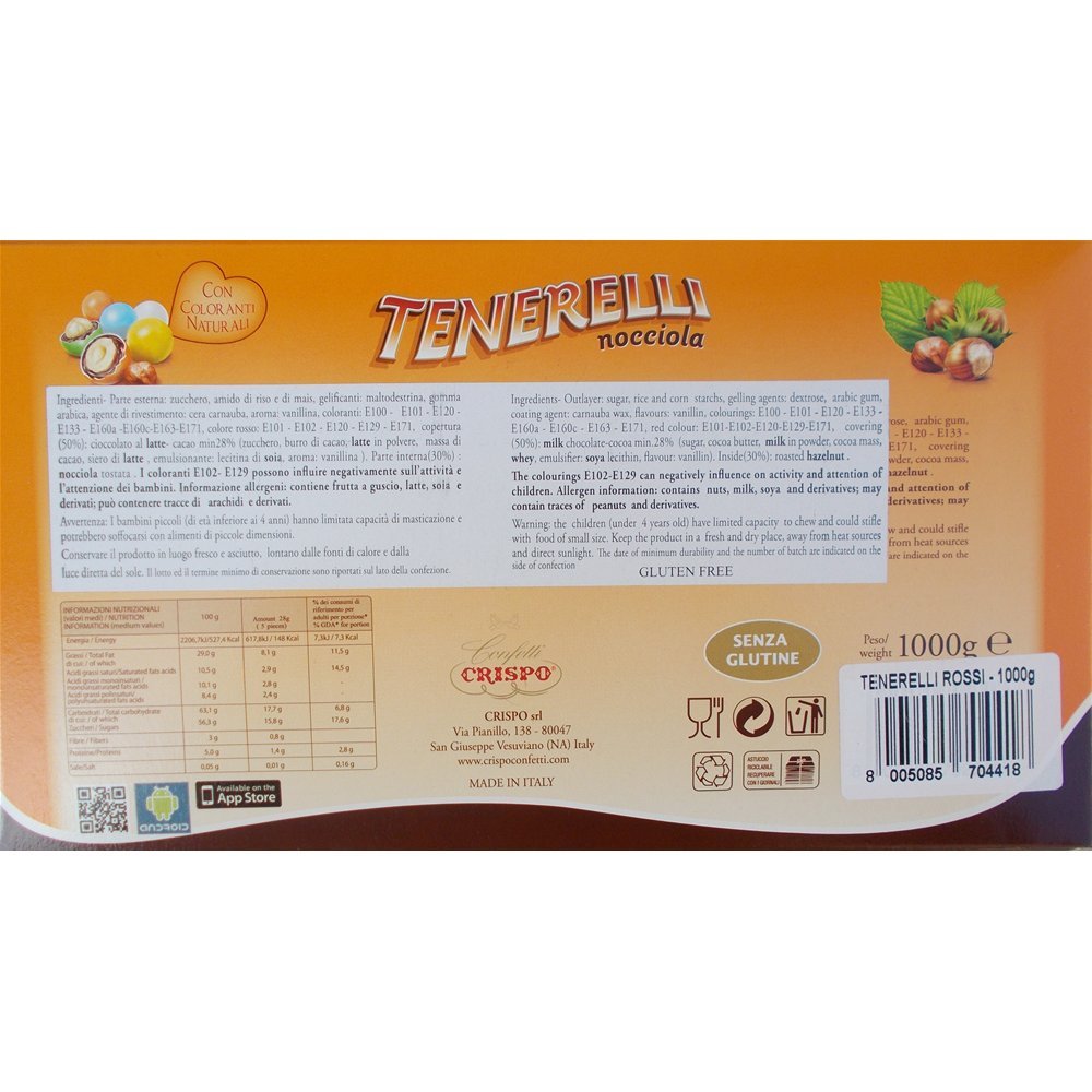 CONFETTI CRISPO TENERELLI NOCCIOLA CIOCCOLATO AL LATTE PRALINE ROSSE CONFEZIONE DA 1 KG. BOMBONIERE CONFETTATA LAUREA - 04418