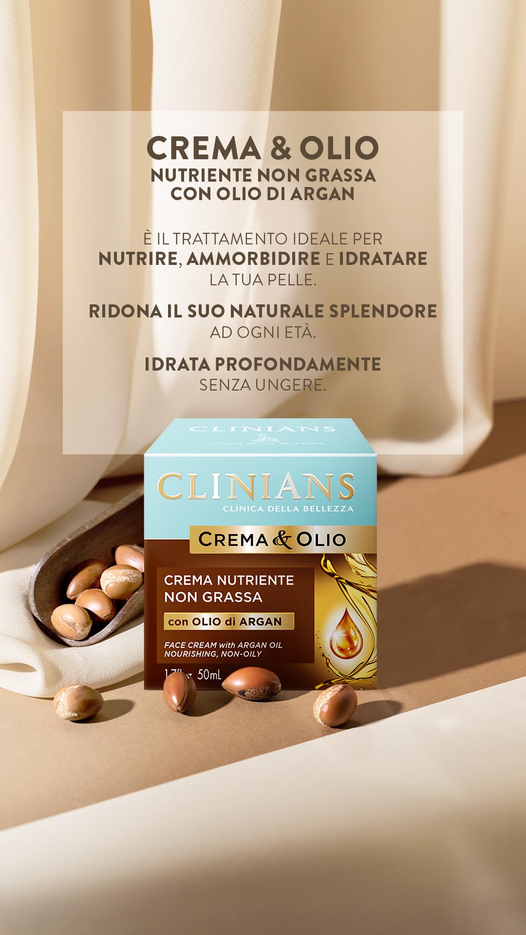 CLINIANS | Crema Nutriente Non Grassa, Crema&Olio, Dermatologicamente Testato, Made in Italy, 50 ml