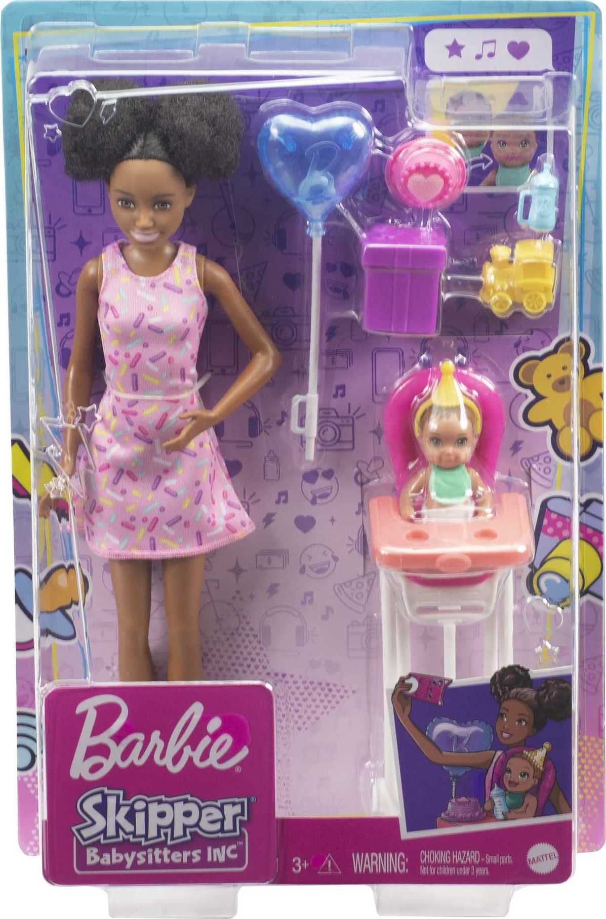 Barbie -Babysitter Afroamericana e Bebè, con Tanti Accessori a Tema Festa, Giocattolo per Bambini 3+ Anni, GRP41
