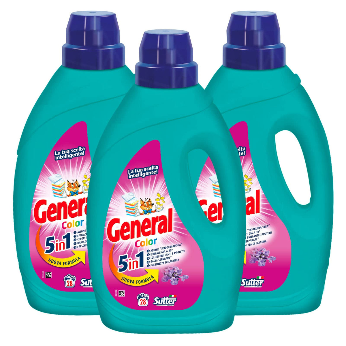 3x detersivo liquido General Color 5in1 per Lavatrice 28 Lavaggi - 3 Flaconi da 1,26L ciascuno