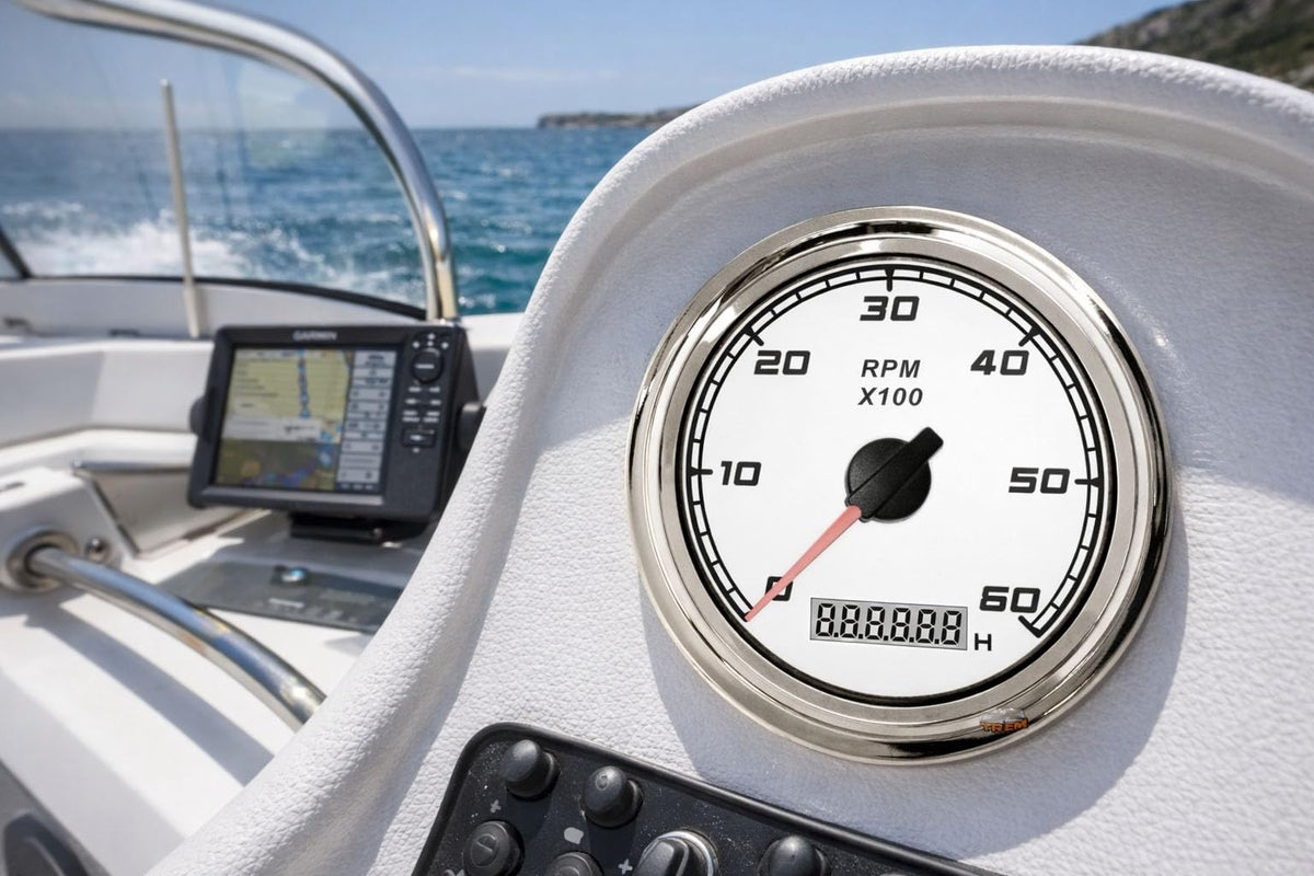 TREM Tachimetro Nautico Analogico, 0-6000 RPM x100, con Contaore Digitale, Quadrante Bianco, Cornice Inox
