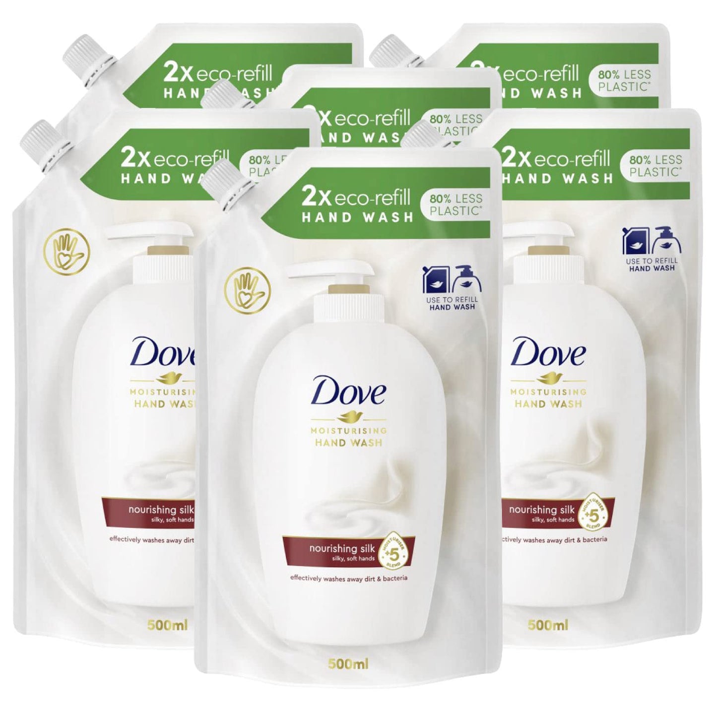 6x Dove Eco-Ricarica Seta Preziosa Detergente Liquido Idratante Sapone Mani Pelle Liscia e Morbida - 6 Ricariche da 500ml