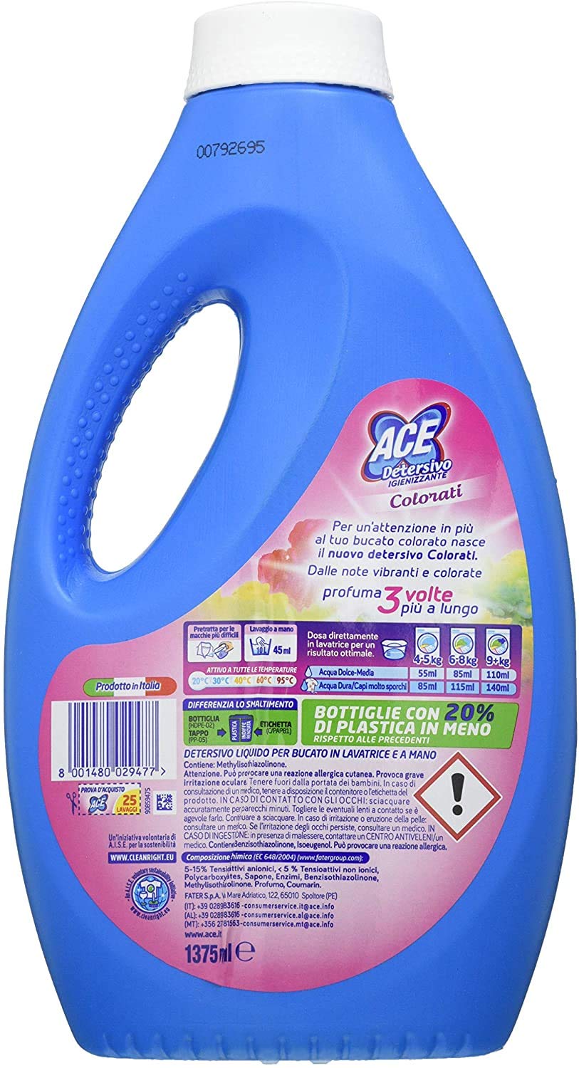 4 FLACONI ACE DETERSIVO Liquido IGIENIZZANTE PER COLORATI DA 25 LAVAGGI 1375 ML