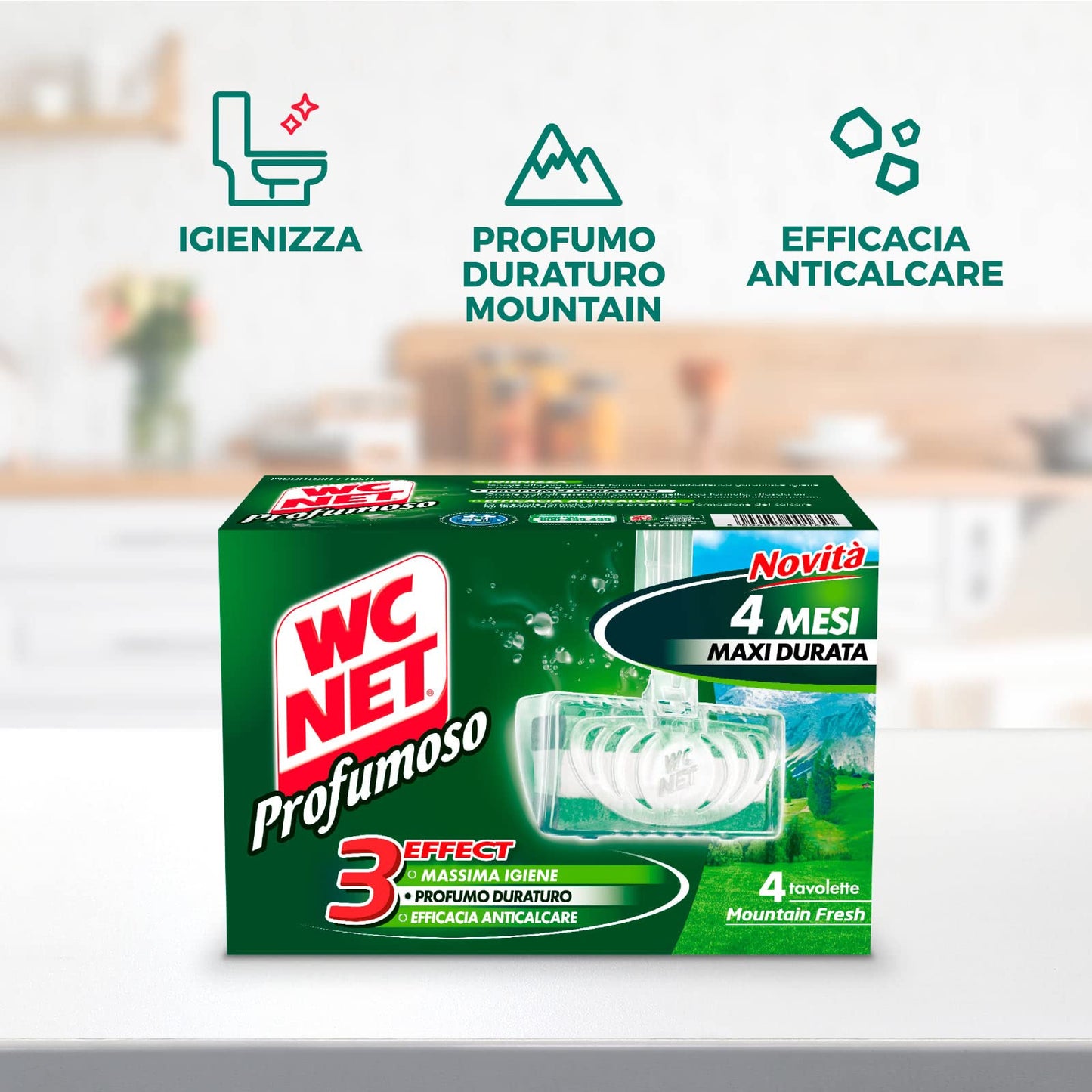 Wc Net - Tavoletta Profumoso 3 Effect, Detergente Igienizzante Solido per WC, Fragranza Mountain Fresh, 4 Pezzi x 4 Confezioni