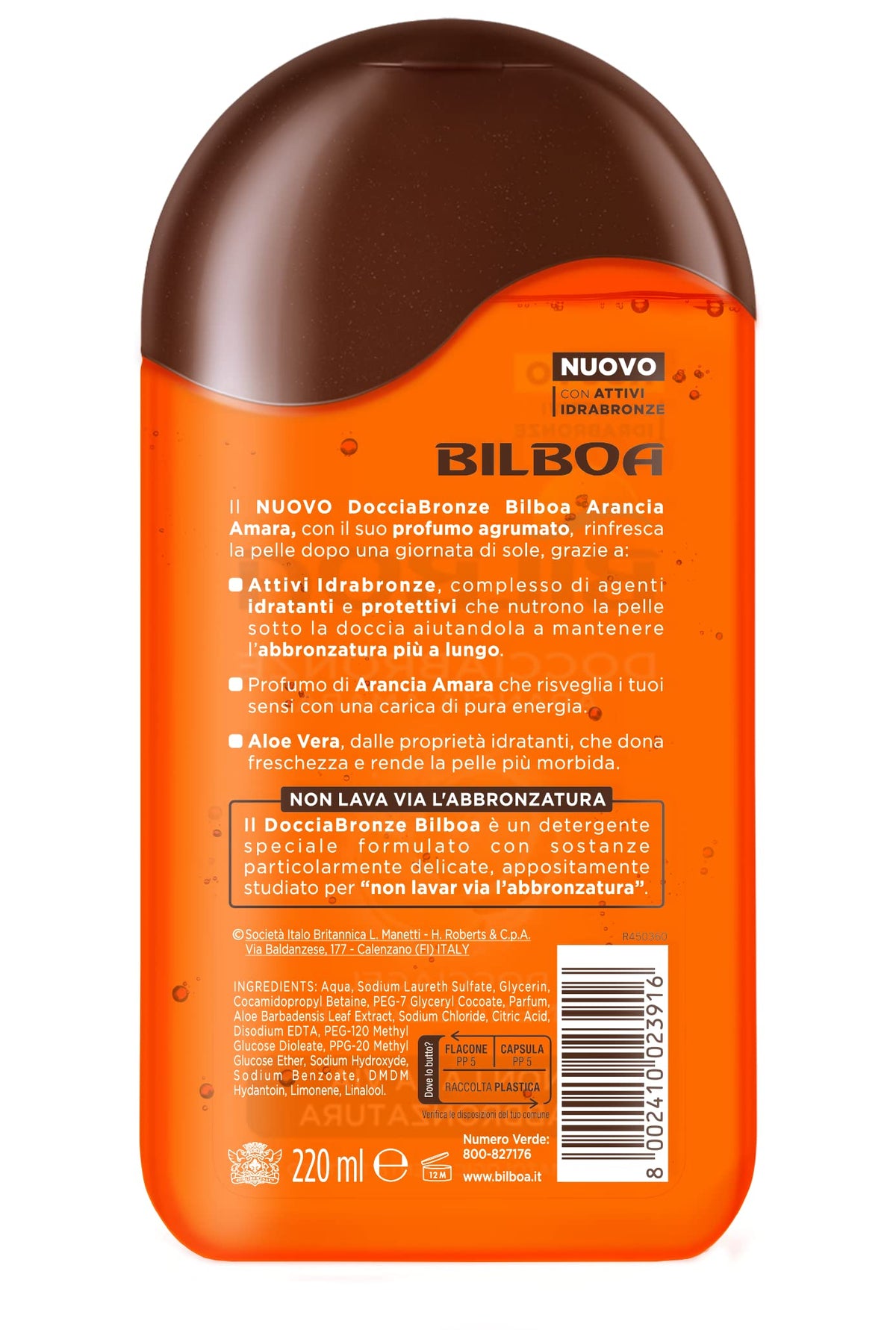 Bilboa, Docciabronze Energizzante, Doccia Shampoo con Arancia Amara per Corpo e Capelli, Idrata la Pelle e Non Toglie l'Abbronzatura, Dermatologicamente Testato, 250 ml