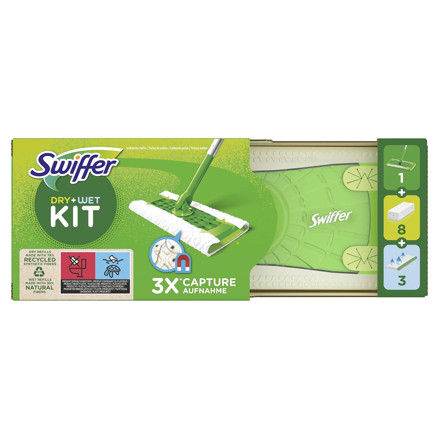 Swiffer Lavapavimenti, 1 Scopa E 8 Panni Microfibra Catturapolvere Dry E 3 Panni Wet, Cattura Polvere E Sporco Con I Suoi Panni In Microfibra, Lava Pavimenti Casa, Rimuove Sporco E Batteri