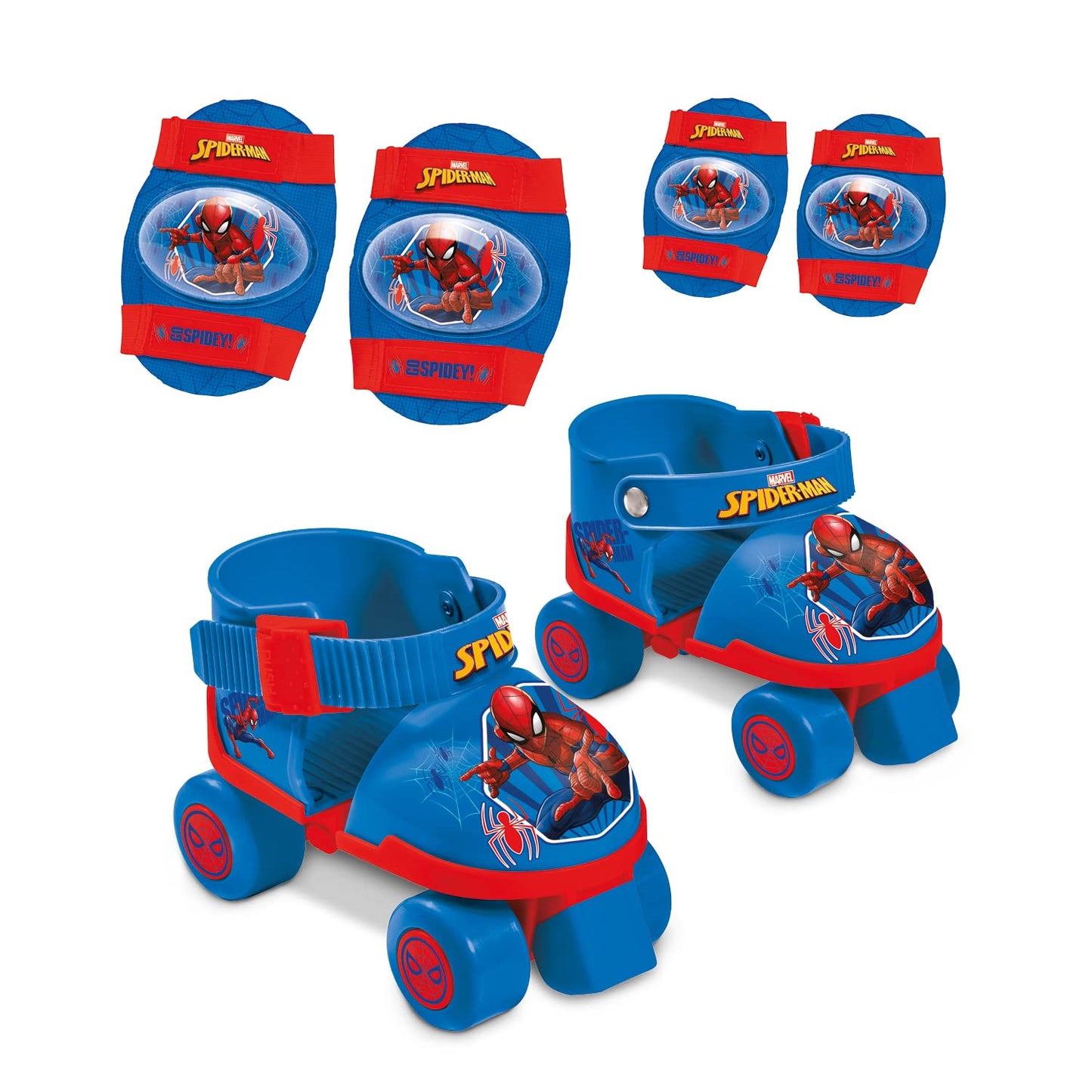 Mondo Toys - pattini a rotelle regolabili Spiderman Marvel per bambini - Taglia dal 22 al 29 - set completo di borsa trasparente, gomitiere e ginocchiere - 18390