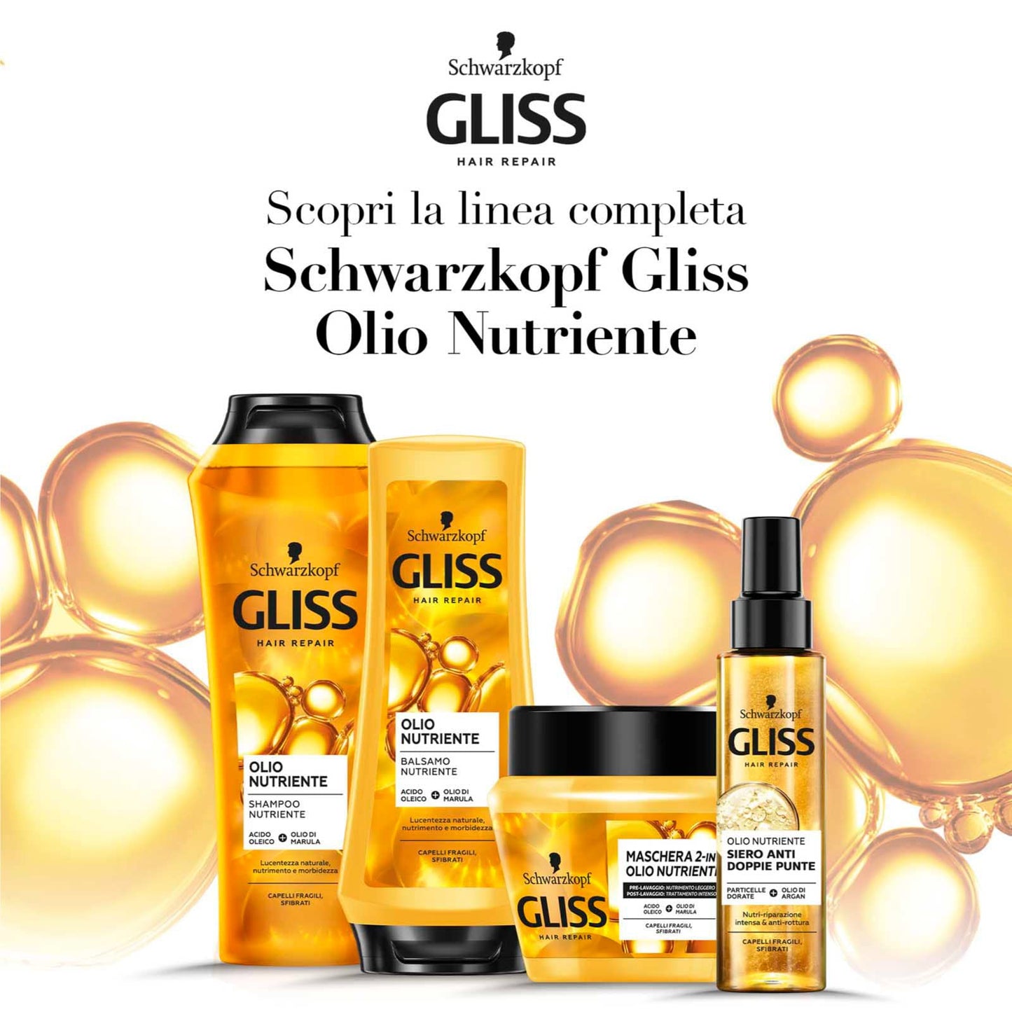 12x Schwarzkopf Gliss Hair Repair Olio Nutriente Shampoo per Capelli Fragili e Sfibrati Azione Riparatrice - 12 Flaconi da 250ml