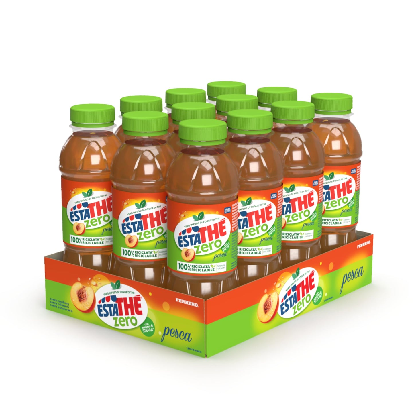 Estathé Zero Pesca - The Freddo, Senza Zucchero, con Vero Infuso di Foglie di The e Succo di Pesca, Bevanda Analcolica Senza Glutine, 12 Bottiglie da 0,4 lt