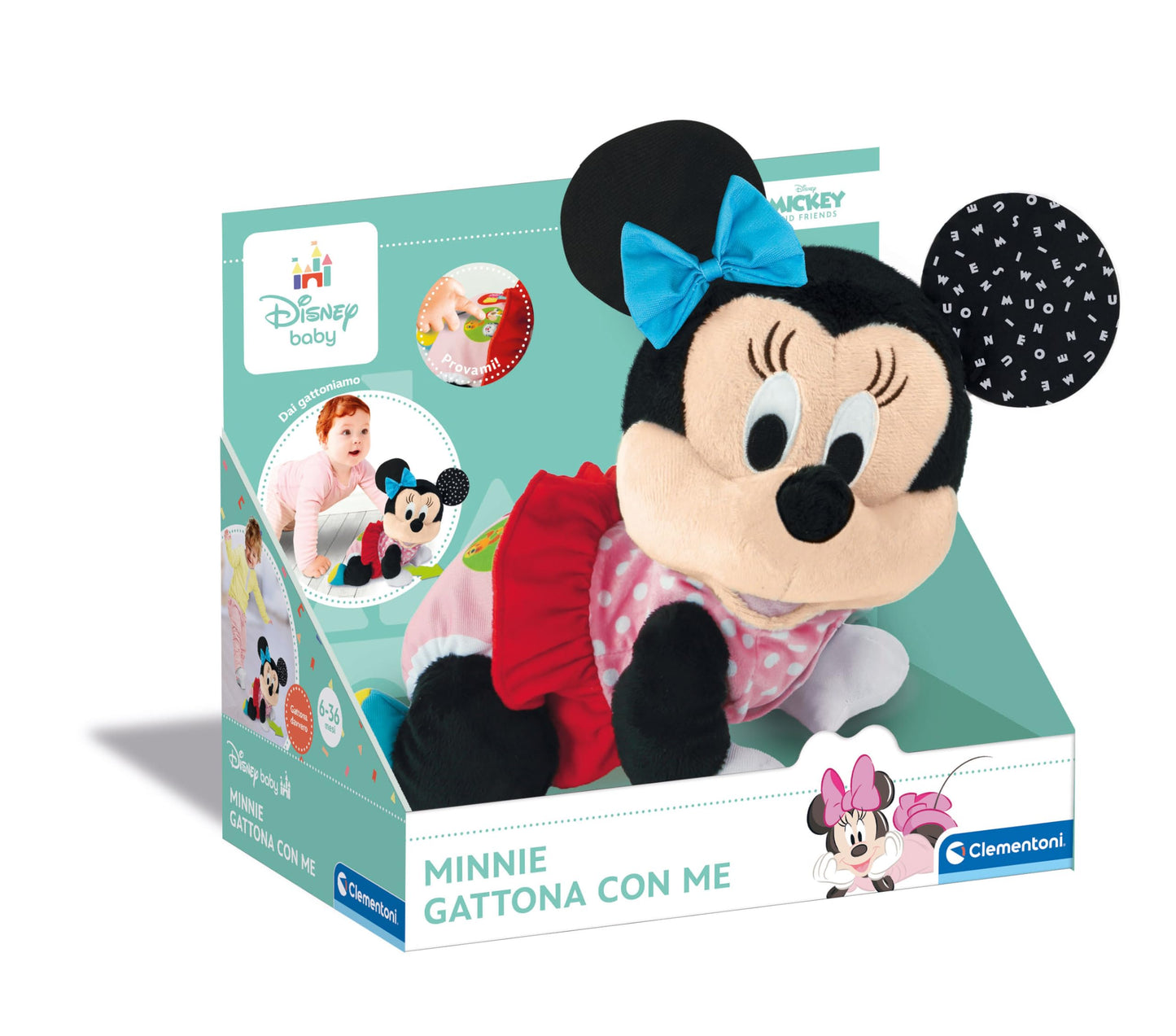 Clementoni Disney Baby Baby Minnie Gattona con Me, Minni Peluche per Imparare a Gattonare, Gioco Prima Infanzia Bambini 6-36 Mesi, Insegna Numeri e Versi degli Animali, Lingua Italiana, 17992