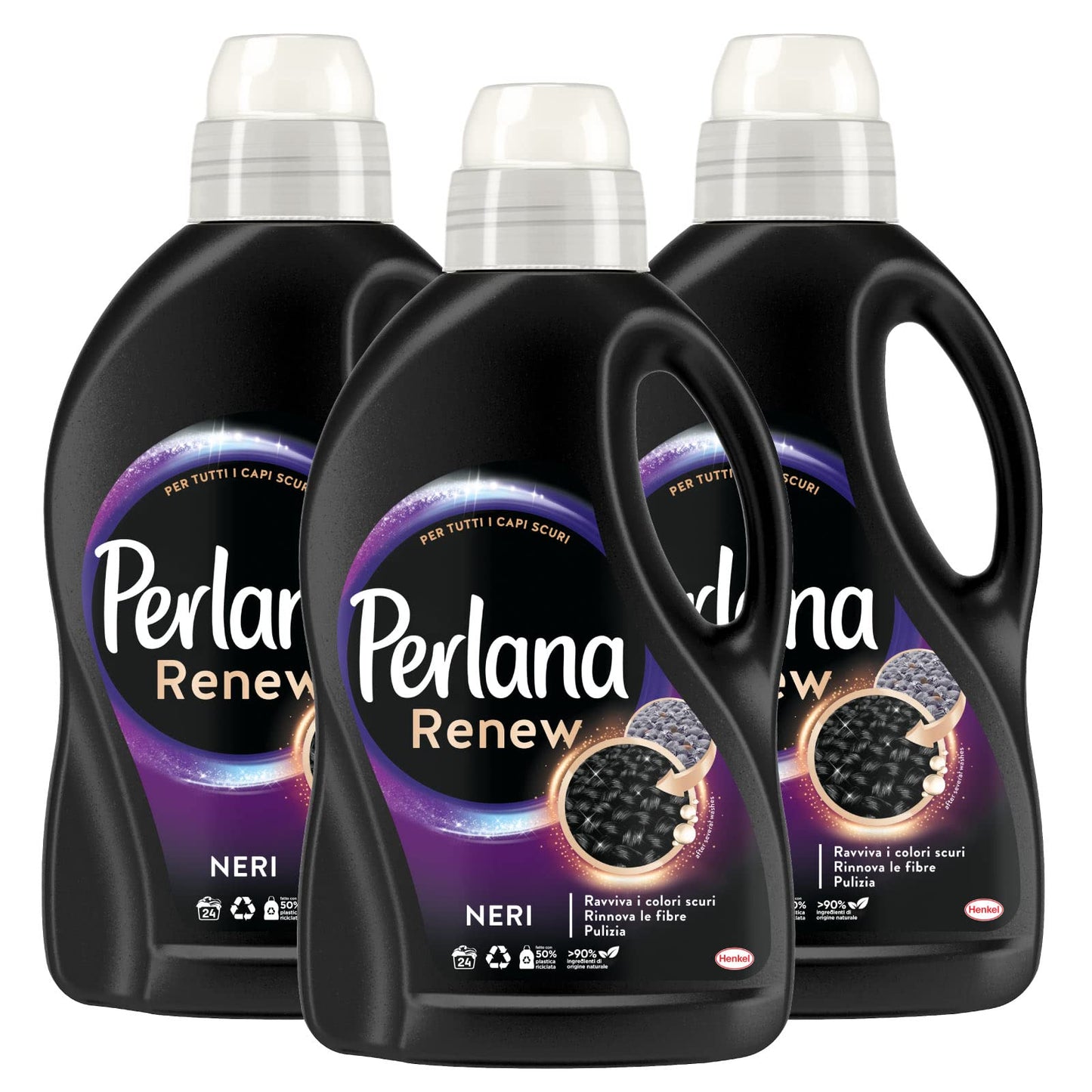 Perlana Renew Neri Detersivo Liquido per Tessuti Scuri con Repair Complex per Lavatrice e a Mano - 3 Flaconi da 1,44L