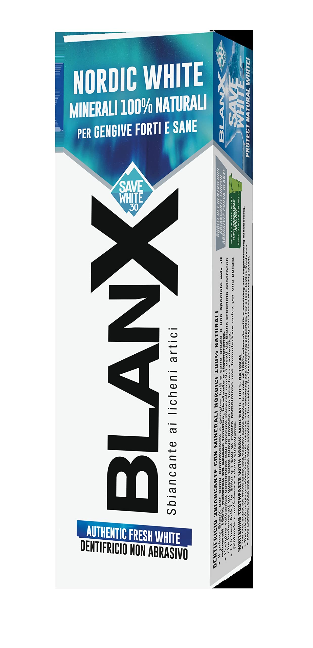 BlanX, Dentifricio Nordic White, Dentifricio Sbiancante Anti-Macchia, con Minearli Nordici 100% Naturali, Azione Lenitiva, Sbiancante e Rigenerante, Freschezza Immediata, Formato 75 ml, 1 Confezione