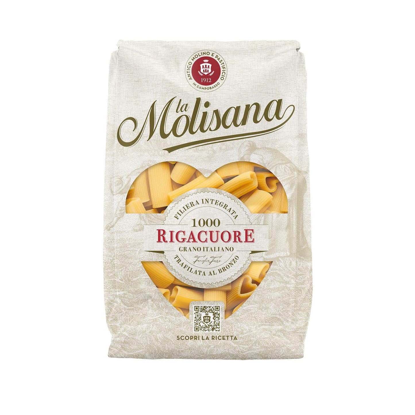 La Molisana, Rigacuore n. 1000, Pasta da Solo Grano Italiano - Trafilata al Bronzo, Ruvida e Tenace con Eccellente Tenuta in Cottura - Confezione da 500 g