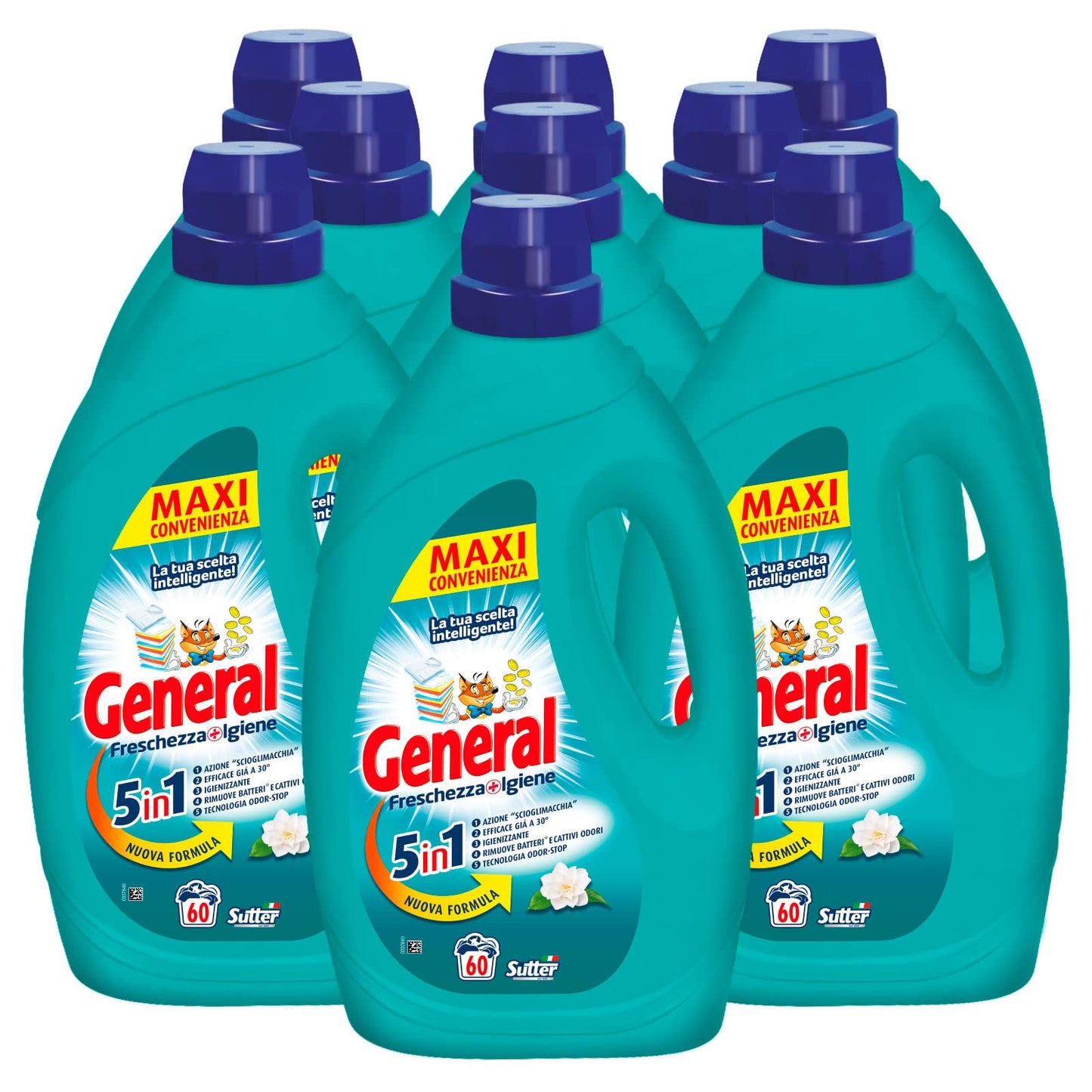 9x detersivo liquido General Freschezza+Igiene 5in1 per Lavatrice 60 Lavaggi - 9 Flaconi da 2,7L ciascuno