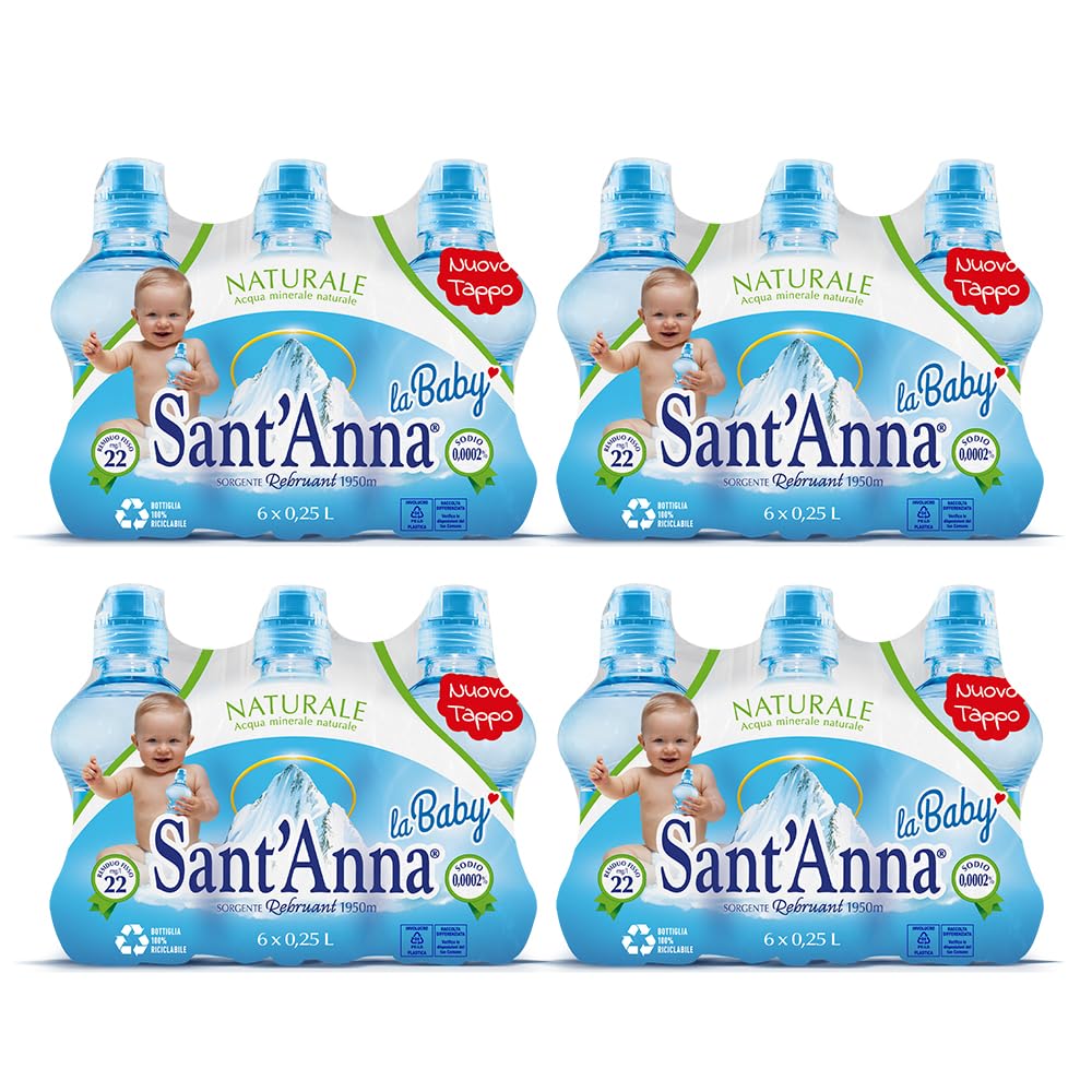Acqua Sant'Anna La Baby Naturale 0,25 Litri | Bottiglia con tappo "Thumb Up" | Plastica 100% Riciclabile | Pack da 24 bottiglie (4 confezioni da 6 bottiglie)