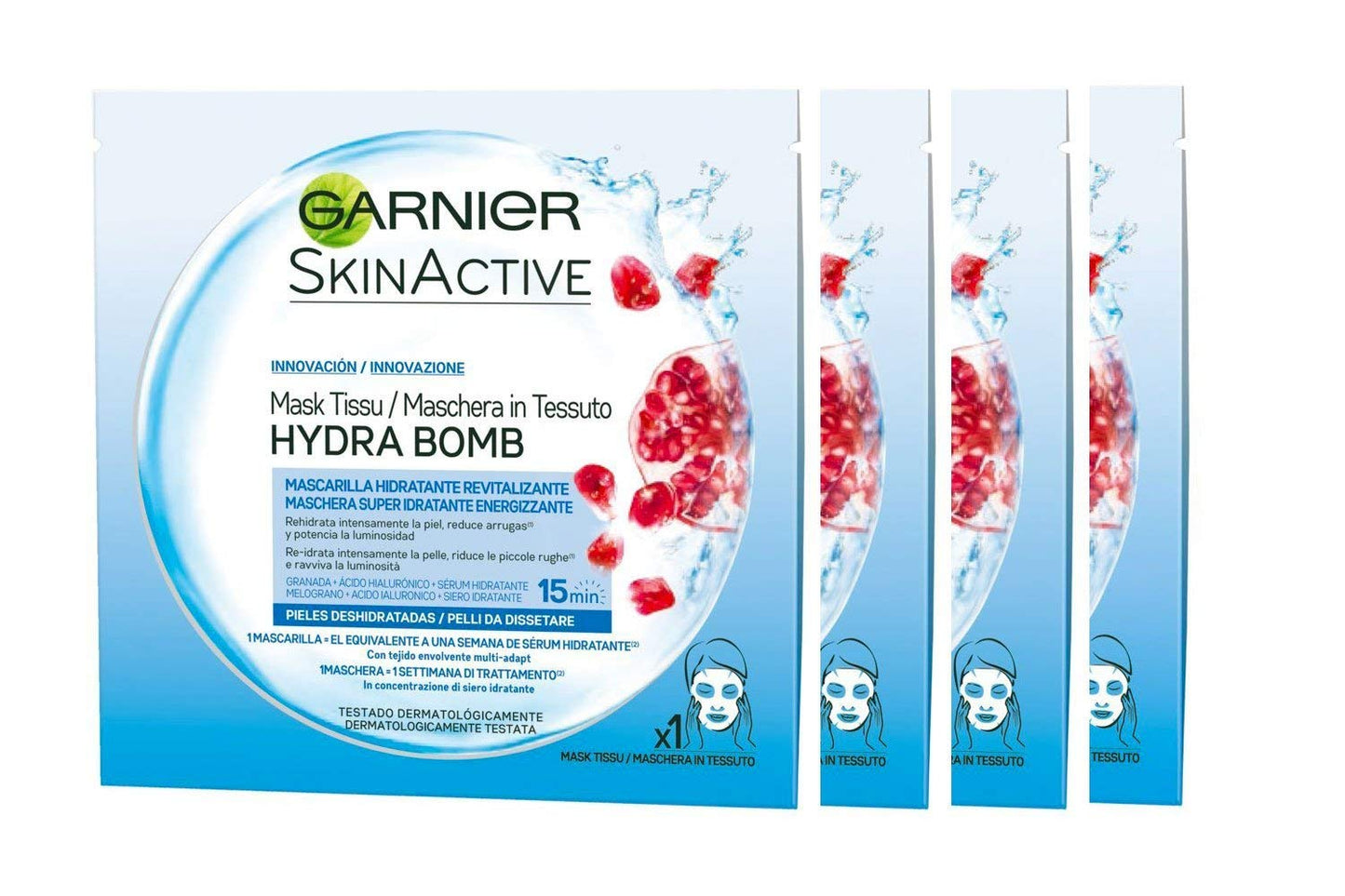 Garnier Maschera Viso in Tessuto Hydra Bomb, Idratante ed Energizzante per Pelli da Dissetare, 32 ml x 4pz