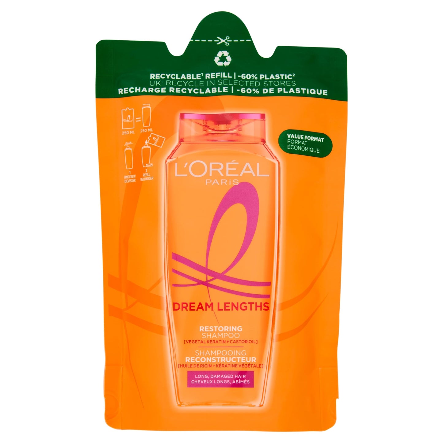 L'Oréal Paris Elvive Shampoo Riparatore, Per Capelli Lunghi e Lisci, Capelli Rigenerati e Lunghezze Senza Doppie Punte, Con Keratina e Olio di Ricino, Dream Length, Formato Eco-Ricarica, 250 ml
