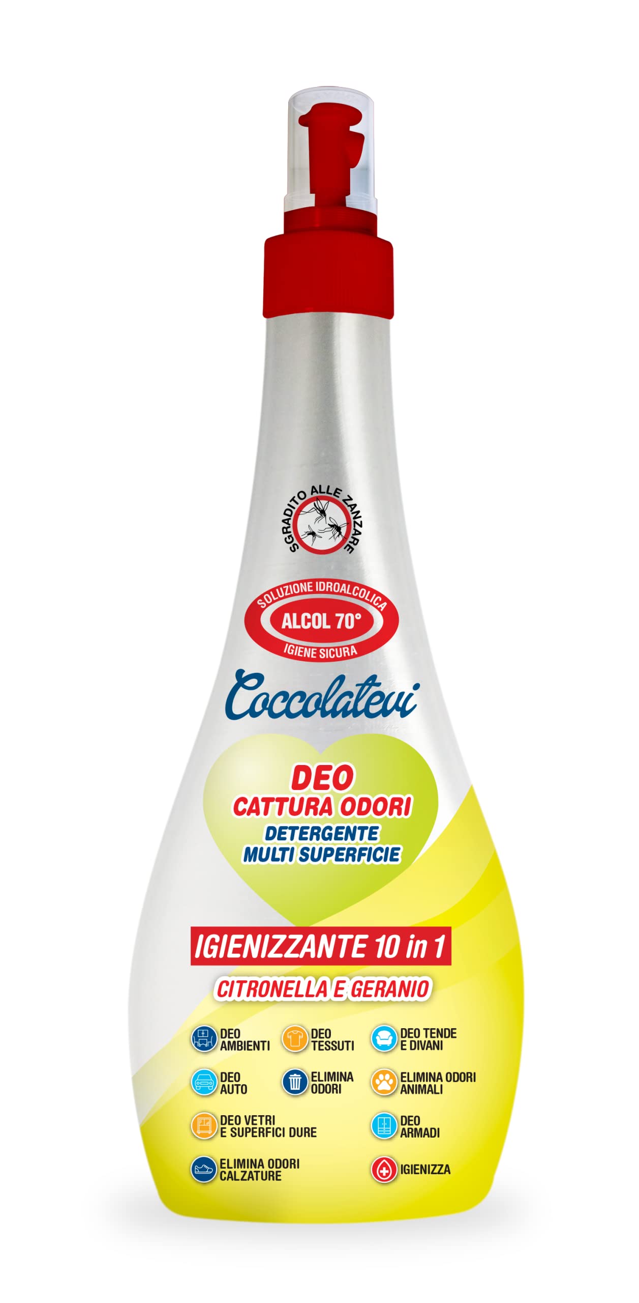 COCCOLATEVI Deo 10 in 1 Citronella e Geranio 300 ml Cattura Odori, Detergente Igienizzante Multi Superficie con Alcol 50°, Igienizza, Pulisce, Deodora e Profuma