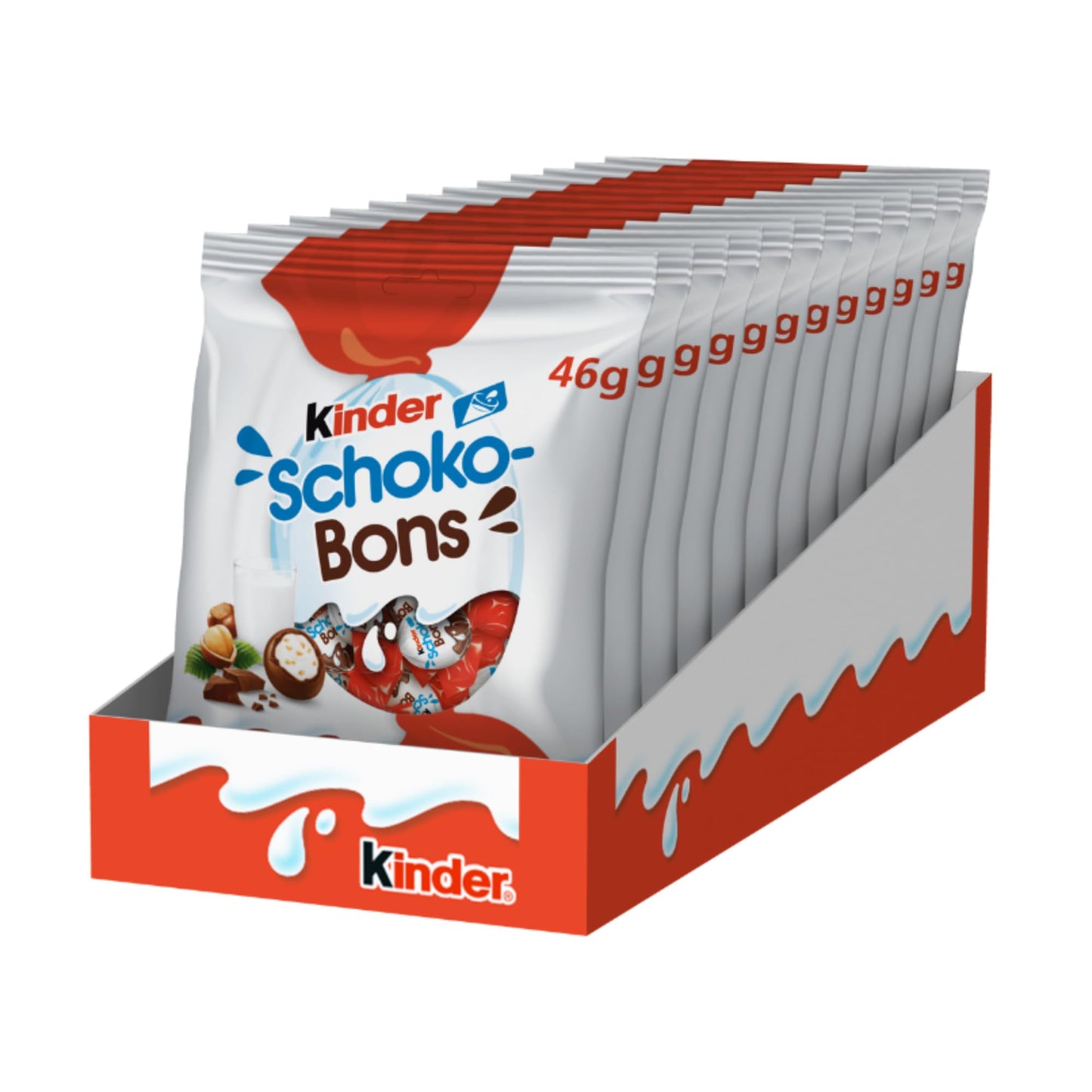 Kinder Schoko-Bons - Cioccolatini al Latte Ricoperti di Cioccolato Kinder con un Soffice Cuore al Latte e Granella di Nocciole, Senza Glutine, 12 Confezioni da 46 gr