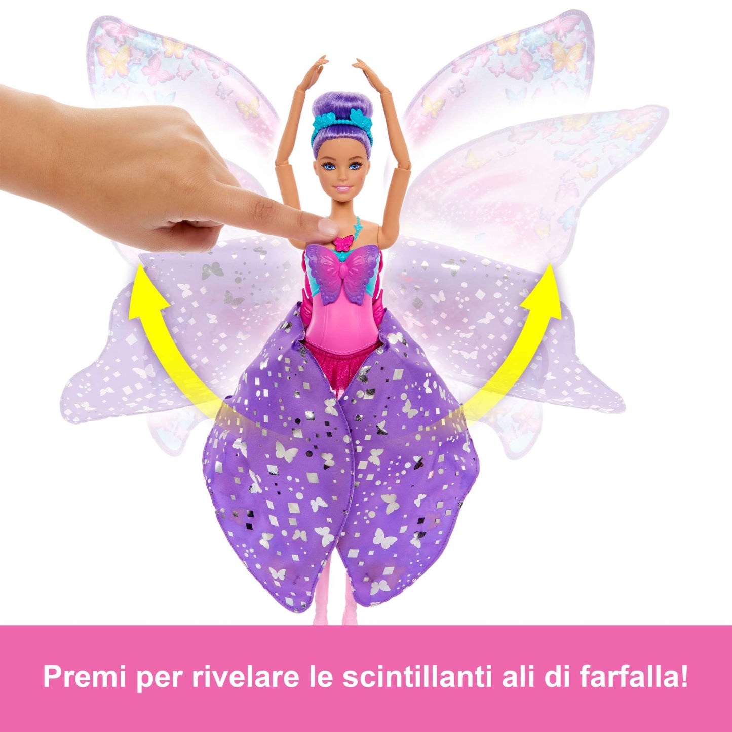 Barbie - Ali Scintillanti, bambola dai capelli viola, trasformazione 2 in 1 da ballerina a farfalla con ali apribili, cerchietto e tutù rimovibile inclusi, giocattolo per bambini, 3+ anni, HXJ10