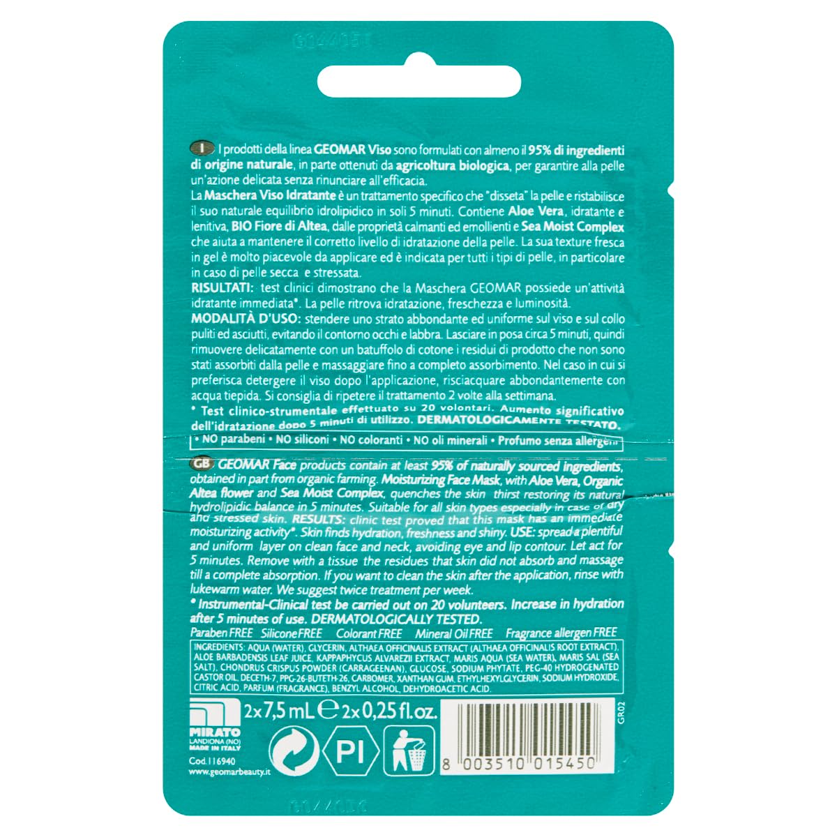 Geomar - Maschera Viso, Idratante, Anti-Stress, 2 x 7.5 ml - 15 ml