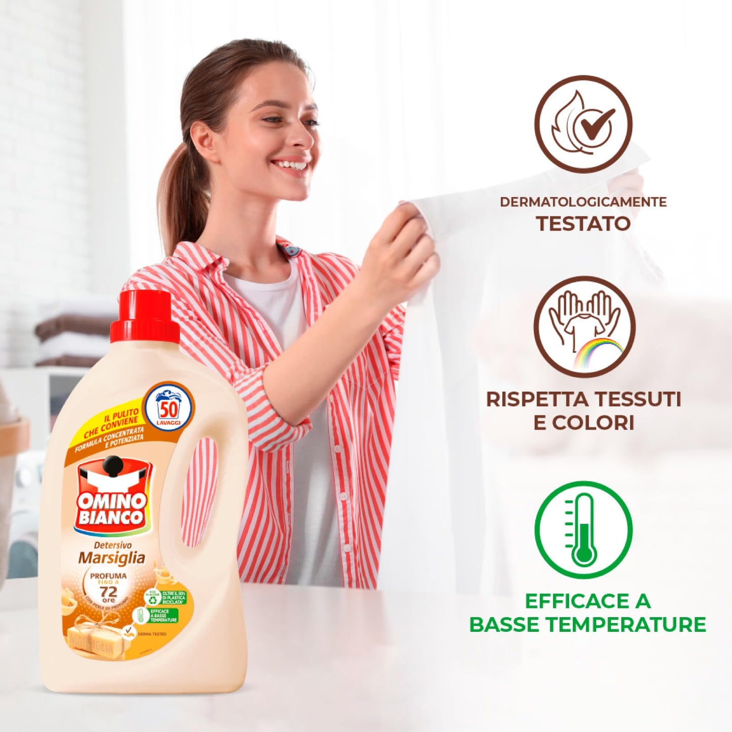 Omino Bianco Detersivo Liquido Concentrato Marsiglia per Lavatrice 50 Lavaggi Formula Bio con Perle di Profumo 72h per Tessuti Delicati e Colorati Efficace a Basse Temperature - 2 Flaconi da 2L