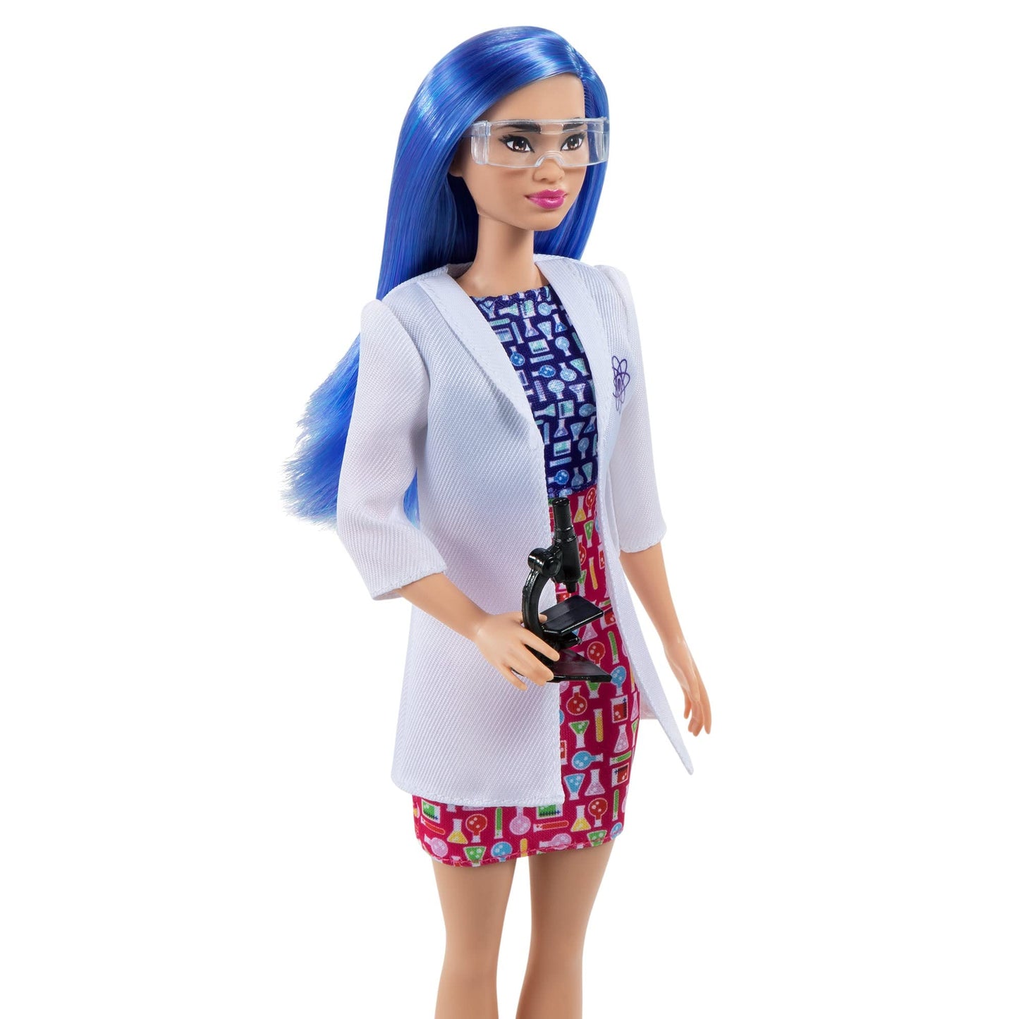 Barbie Bambola Scienziata da 30,4 cm, con Capelli Blu, Abito Bicolore, Camice da Laboratorio, Scarpe Basse, Mascherina e Microscopio, Giocattolo per Bambini 3+ Anni, HCN11