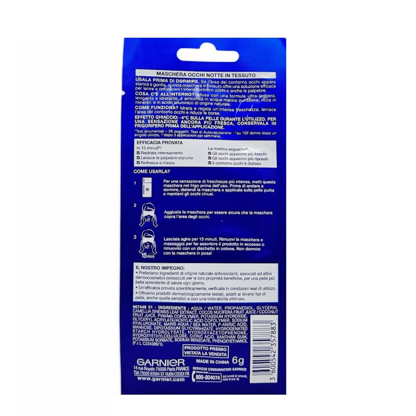 Garnier Skin Active Hydra Bomb Maschera Occhi In Tessuto Notte -4°C Effetto Ghiaccio Con Acqua Marina Purissima E Acido Ialuronico Senza Profumo 6 Gr (Maschera Occhi 1 Unità)