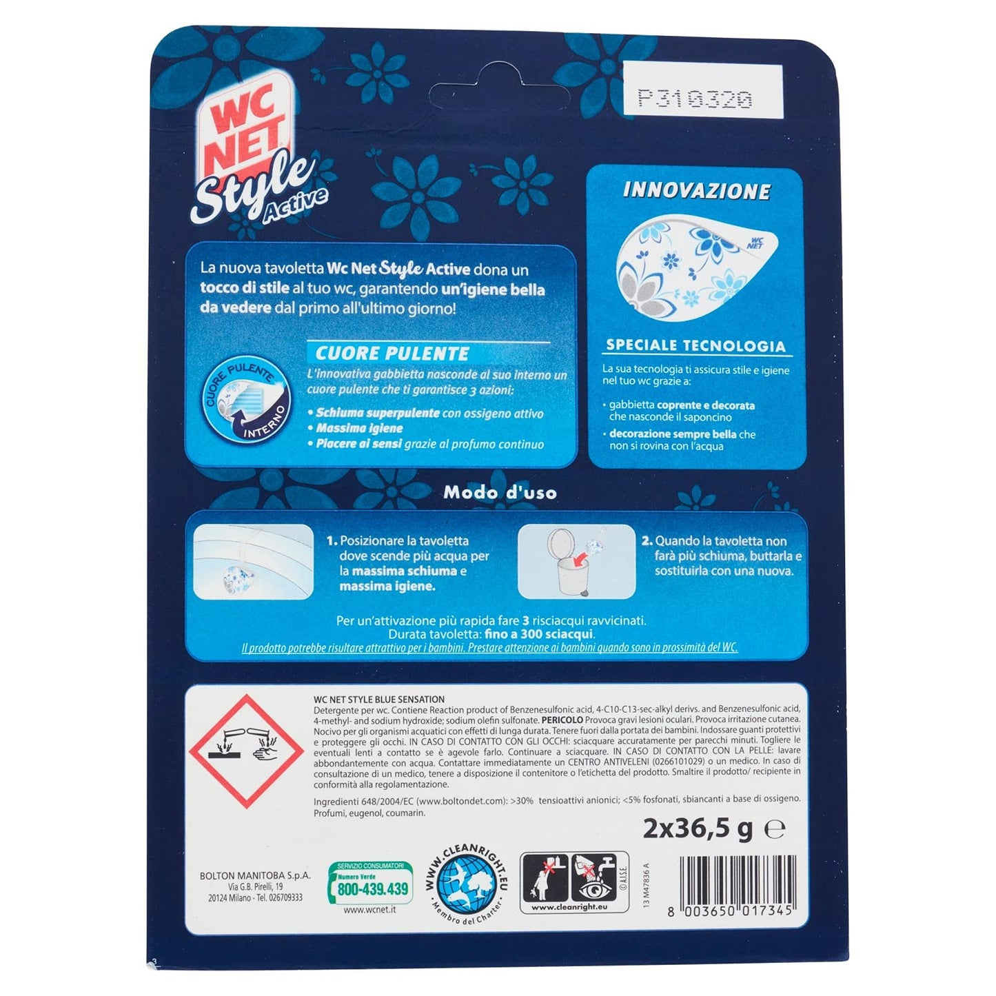 'Wc Net - Tavoletta Style Active, Detergente Igienizzante Solido per WC, Blue Sensation, 2 Pezzi