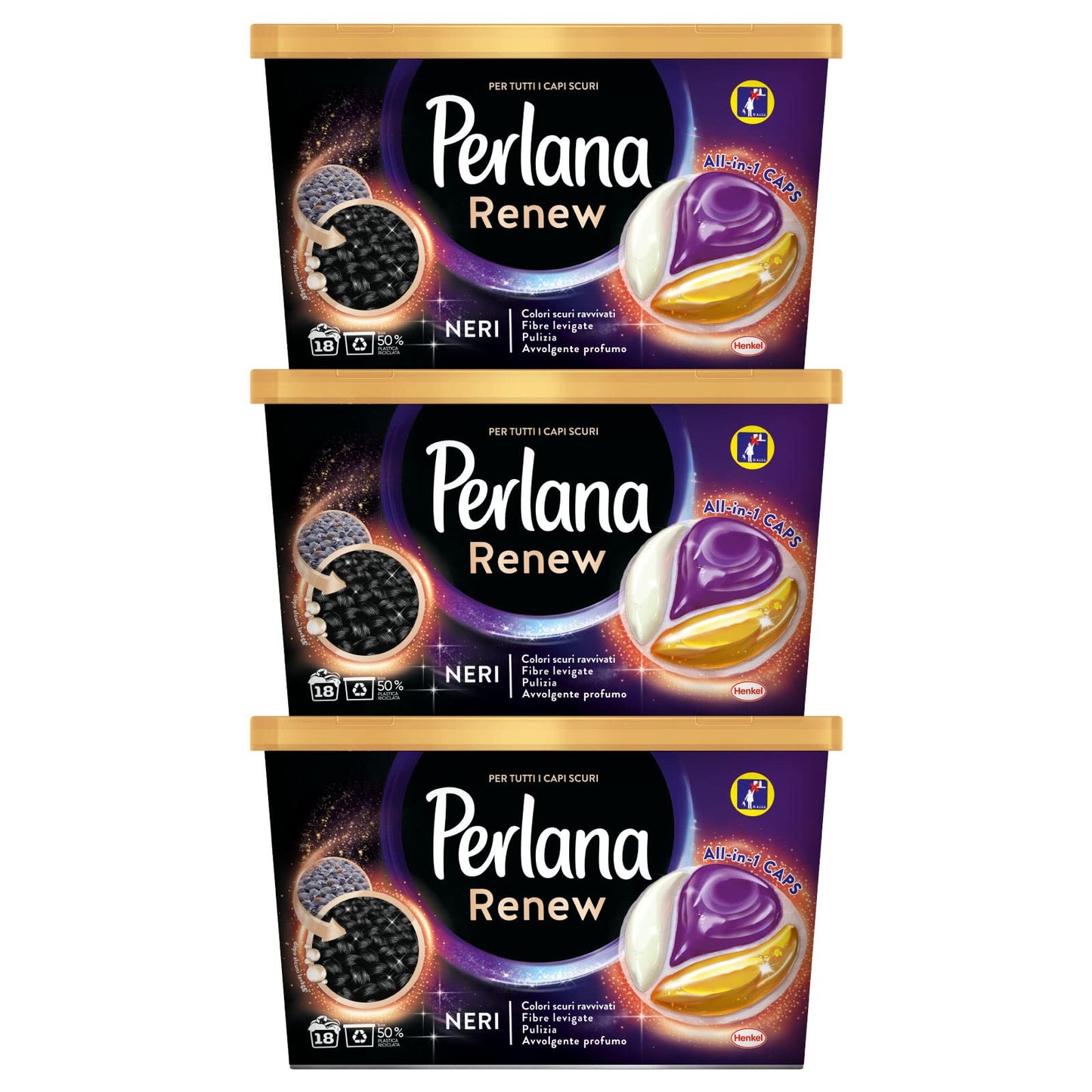 3x Perlana Renew Neri All in 1 Caps Detersivo in Capsule per Lavatrice per Capi Scuri - 3 Confezioni da 18 Capsule