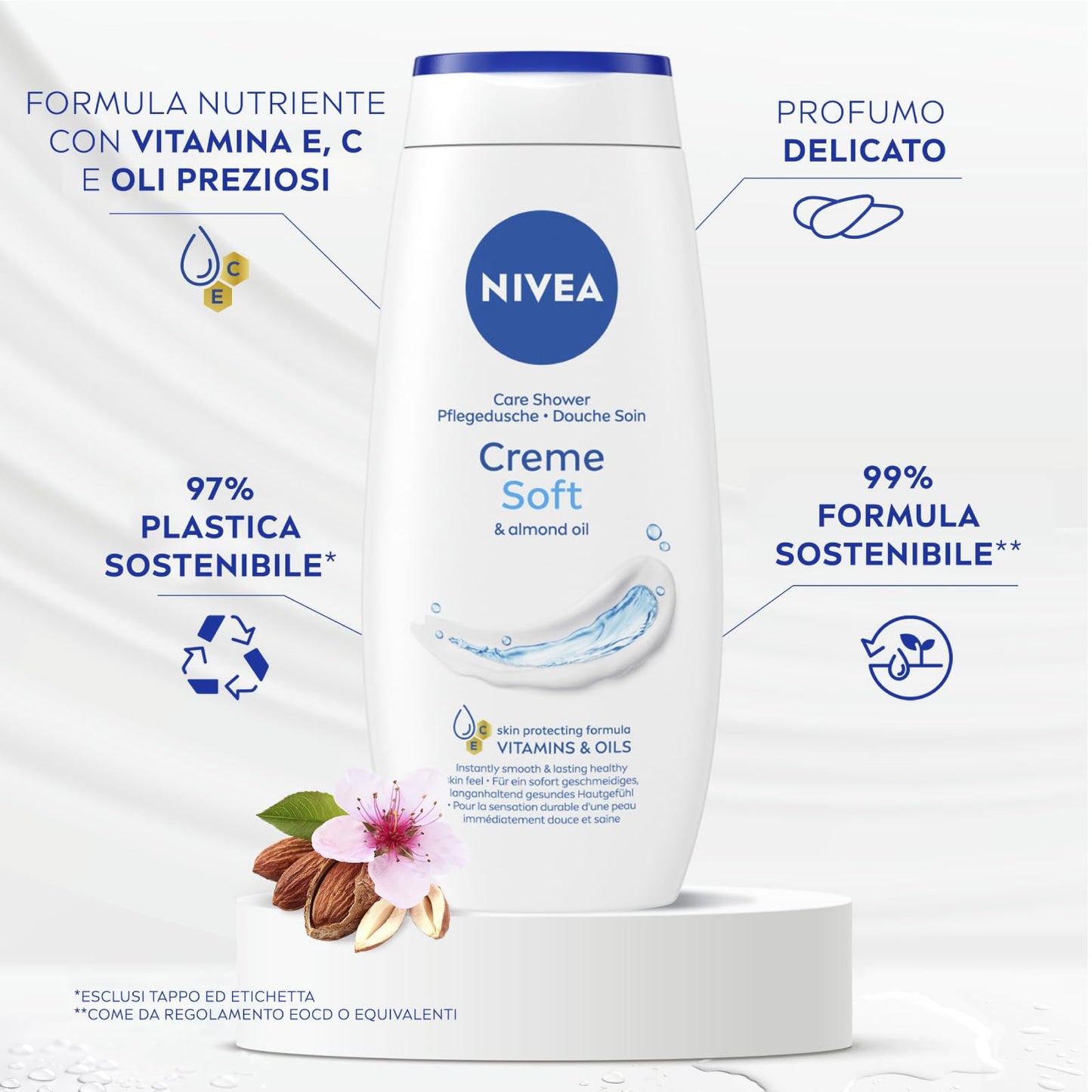 NIVEA Doccia Crema Detergente Corpo Creme Soft Fragranza Delicata Formula con Olio di Mandorla Docciaschiuma ad Azione Idratante Bagnodoccia per una Pelle più Morbida - 4 Flaconi da 250ml