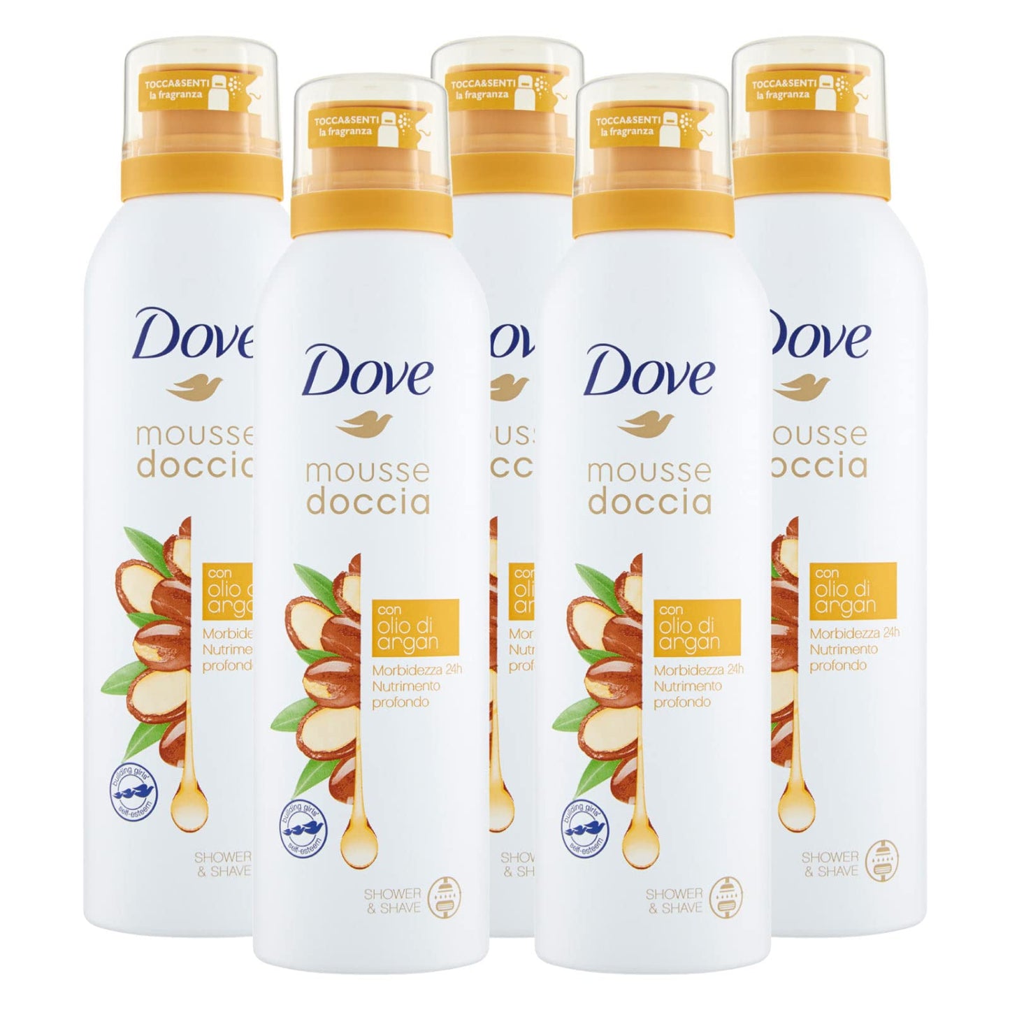 5x Dove Mousse Doccia Con Olio di Argan Morbidezza e Nutrimento 24h - 5 Flaconi da 200 ml