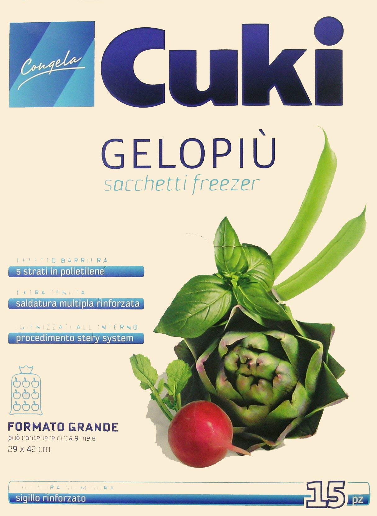 24 x CUKI Sacchetti Freezer Grande 29 X 42 Cm. 15 Pezzi