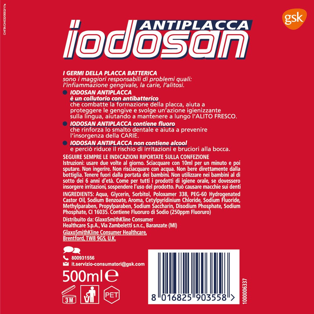 Iodosan Antiplacca, Collutorio con Antibatterico, combatte la Placca e protegge le Gengive, senza Alcool, Pacco da 8 x 500ml