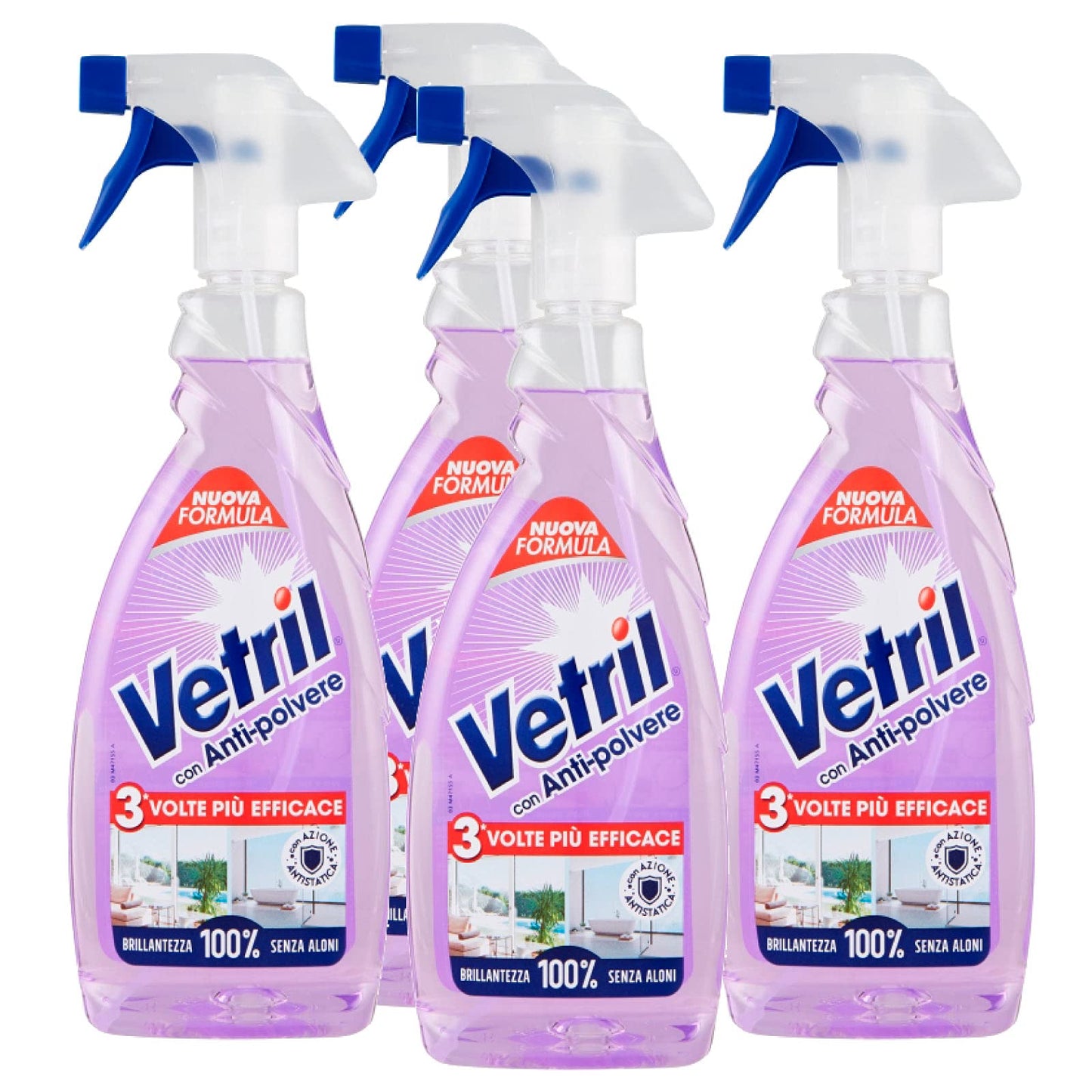 Vetril - Detergente Spray Superfici con Antipolvere, Azione Antistatica e Brillantezza Senza Aloni, Ipoallergenico, 650 ml x 4 Pezzi