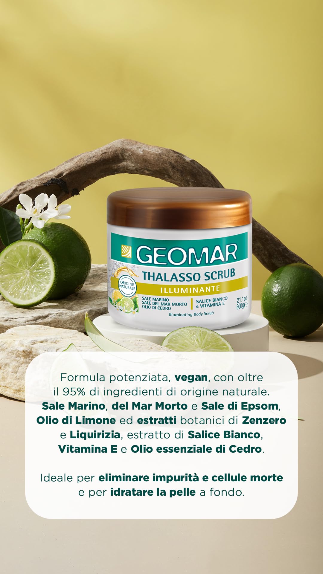 GEOMAR | Thalasso Scrub Corpo Illuminante, con Sale Marino del Mar Morto e Sale di Epsom, Olio di Mandorle Dolci, Riso, Cedro e Limone, estratti botanici, 95% di Origine Naturale, Made in Italy, 600 g