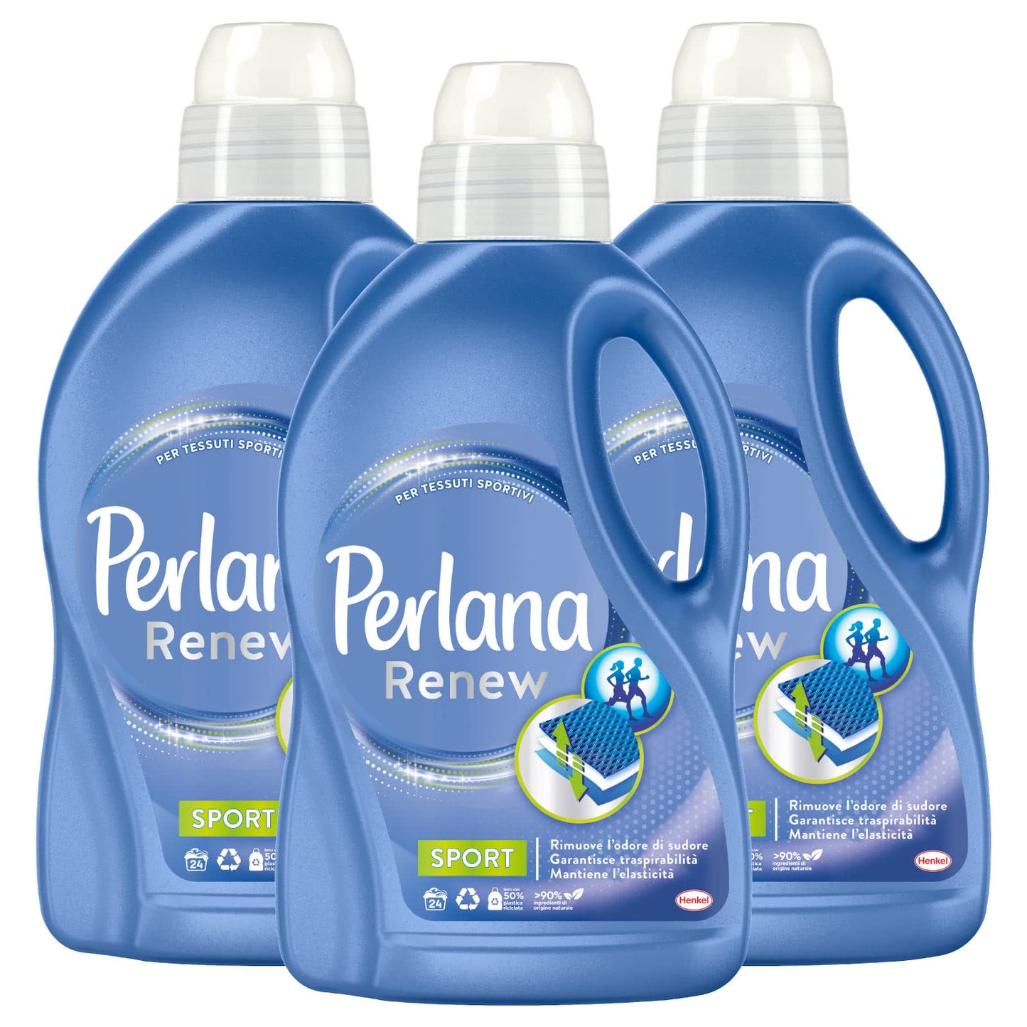 3x Perlana Renew Sport Cura Attiva Detersivo Liquido Tessuti Tecnici e Capi Sportivi per Lavatrice - 3 Flaconi da 1,44L ognuno